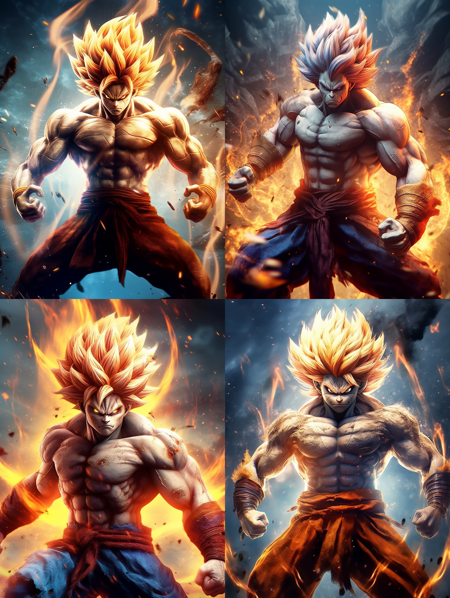 悟空超级赛亚人形象，战斗动作，火山喷发背景，剧烈运动模糊，蓝色能量光环，肌肉线条，高饱和度，逆光，长焦镜头，英雄主义，激动。