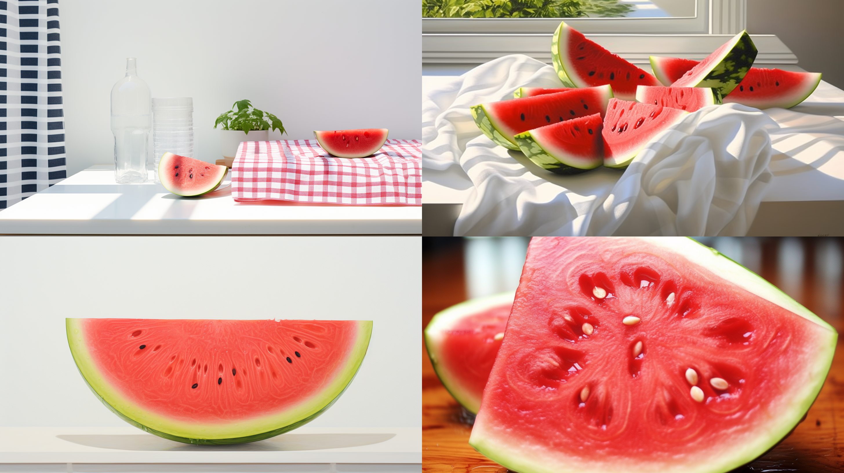 西瓜，白色桌面上，灰布，明亮自然环境