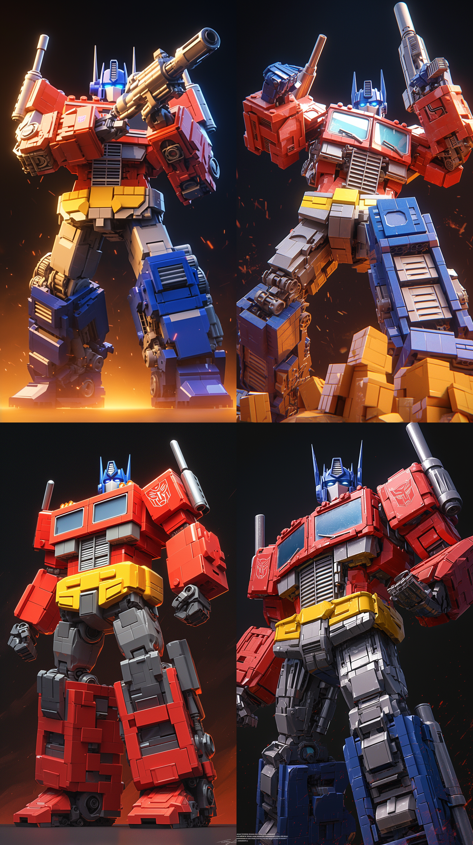 3d渲染，3d等距，变形金刚，全身，由乐高积木制成的，背景干净，摄影灯，红，黄，蓝，明暗法