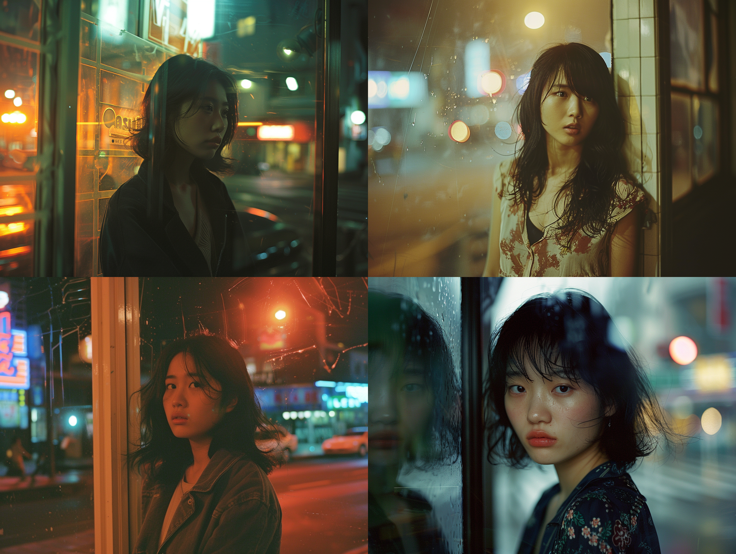 一位亚洲女孩站在窗前，夜里的街灯，fujicolor c200