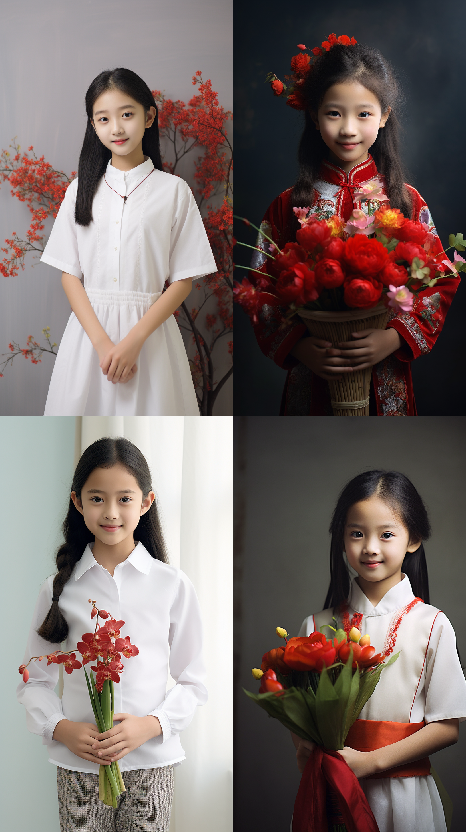 12岁中国女孩，明亮光线，肖像镜头，红色花朵，白色墙壁，自然风格，微笑，自信，活力，纯真，温暖。