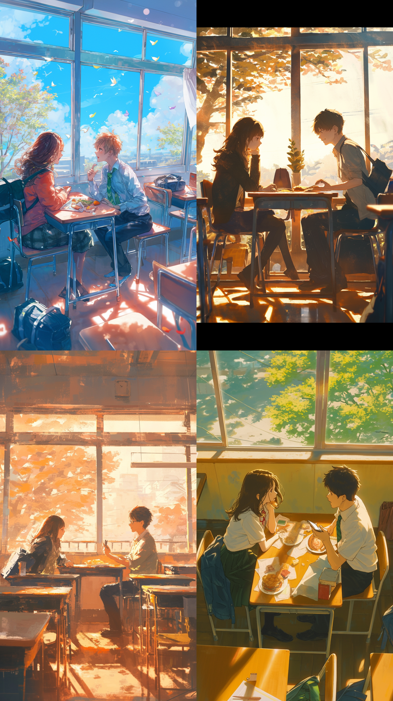 最高画质，杰作，超细节的8k分辨率壁纸，两个人，女人男人，教室里，并排坐在椅子上，同桌，桌上有早餐，饭盒，说话，广角拍摄
