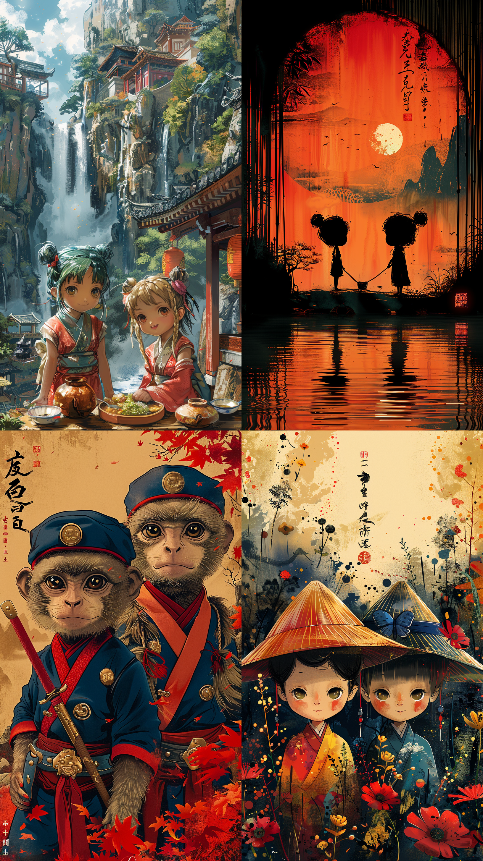 悟空炒饭2个角色的logo，线条图，简约，无虚化，5.2版本，宽高比9:16，休闲，4颜色，缩放因子0.25。