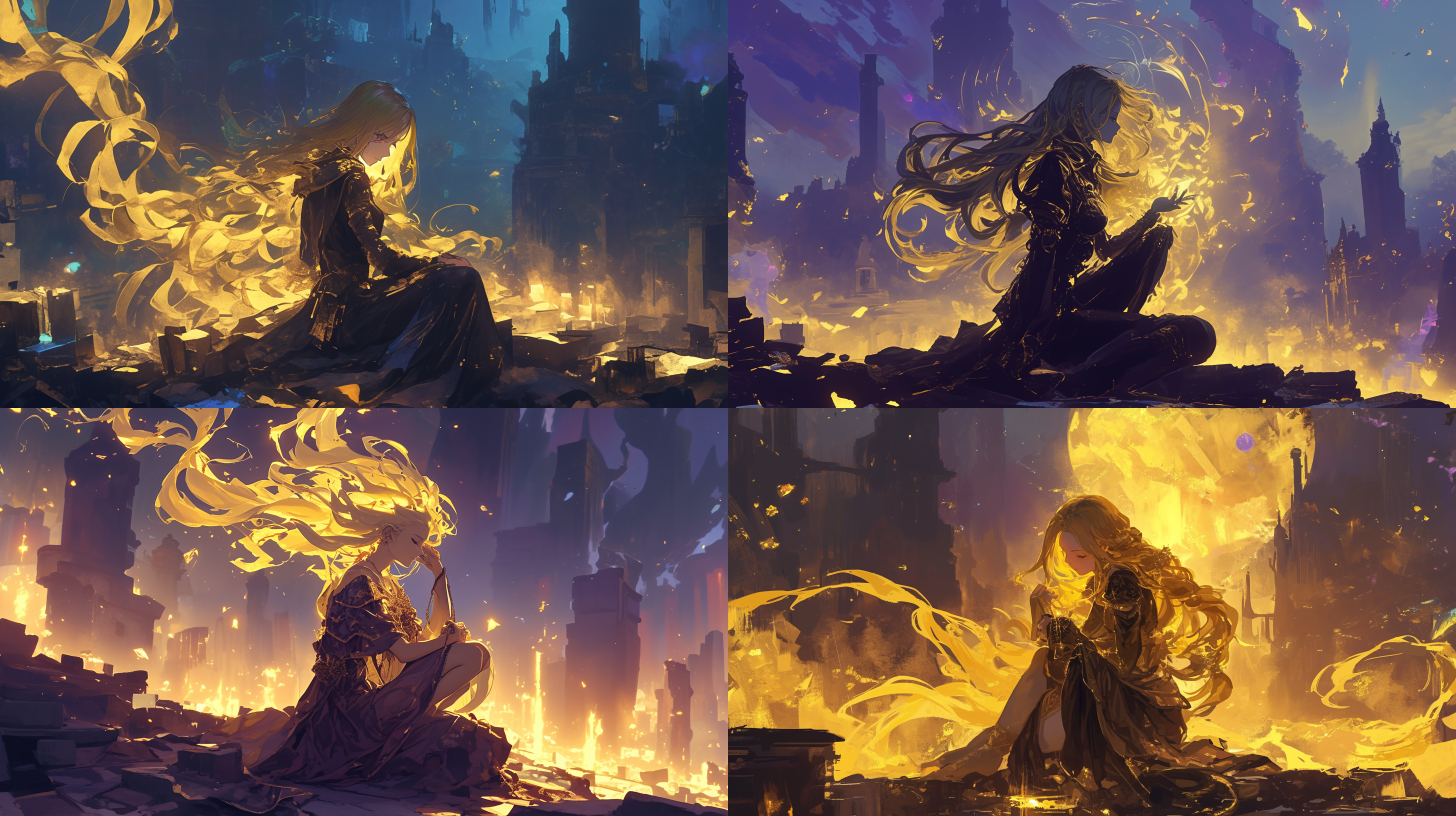 女法师，坐在遗迹的碎石上，头发散发着金色耀眼的光芒，夜晚，背景黑暗，荧光头发