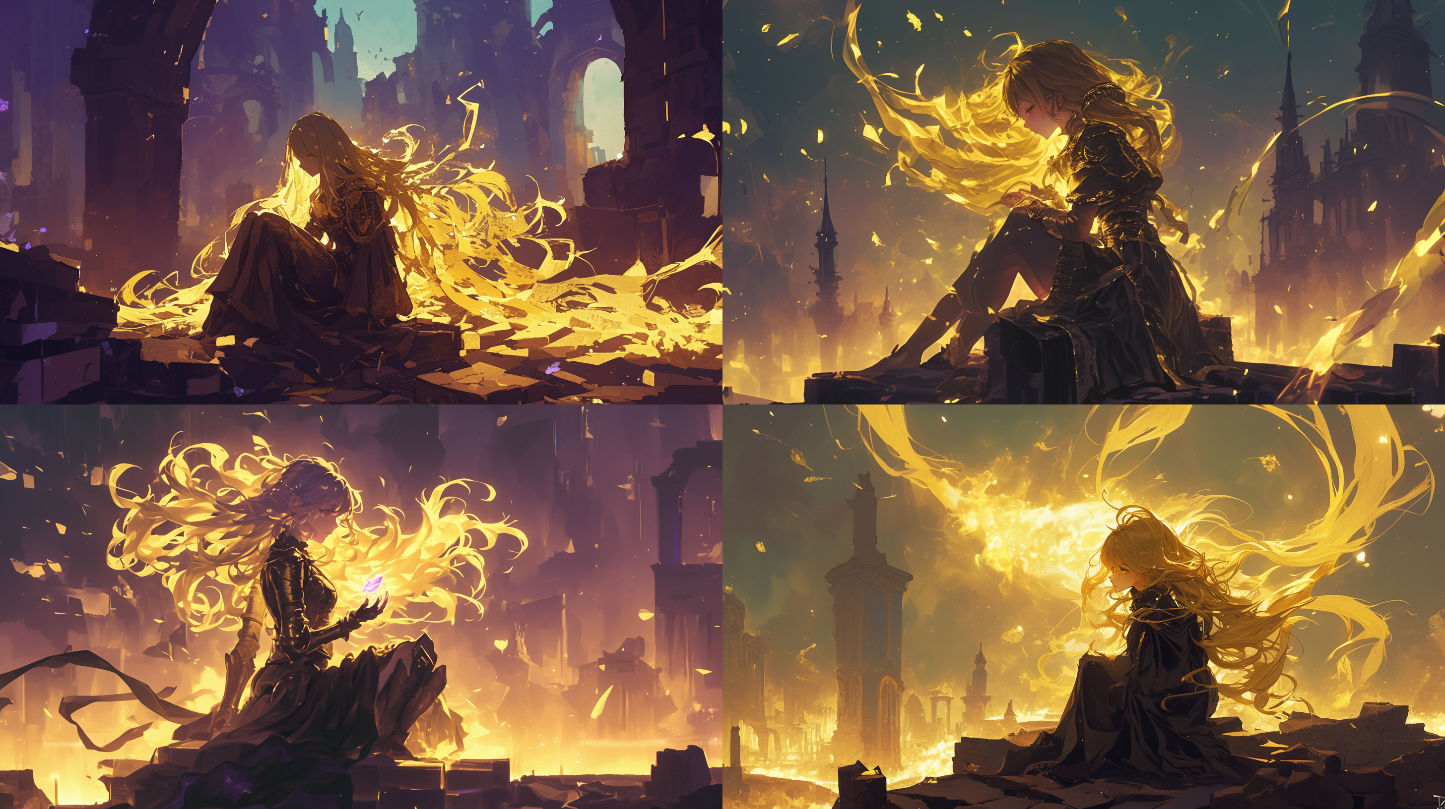 女法师，坐在遗迹的碎石上，头发散发着金色耀眼的光芒，夜晚，背景黑暗，荧光头发