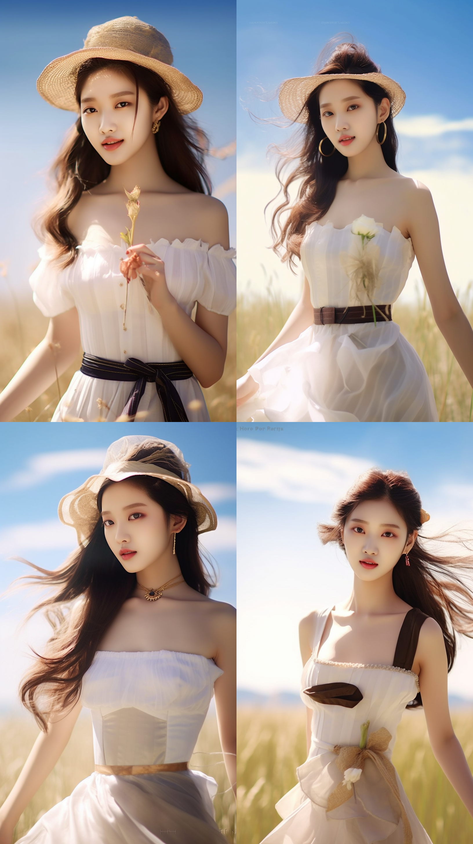 美女在大自然，穿着白色纱裙，戴着花篮帽，开心地在大草原上奔跑，细腻的肌肤散发着光泽，阳光照射下，她展现出快乐、愉悦和活泼的气息。大草原上的广角镜头捕捉到了她与自然的完美融合，画面充满了生机与活力。