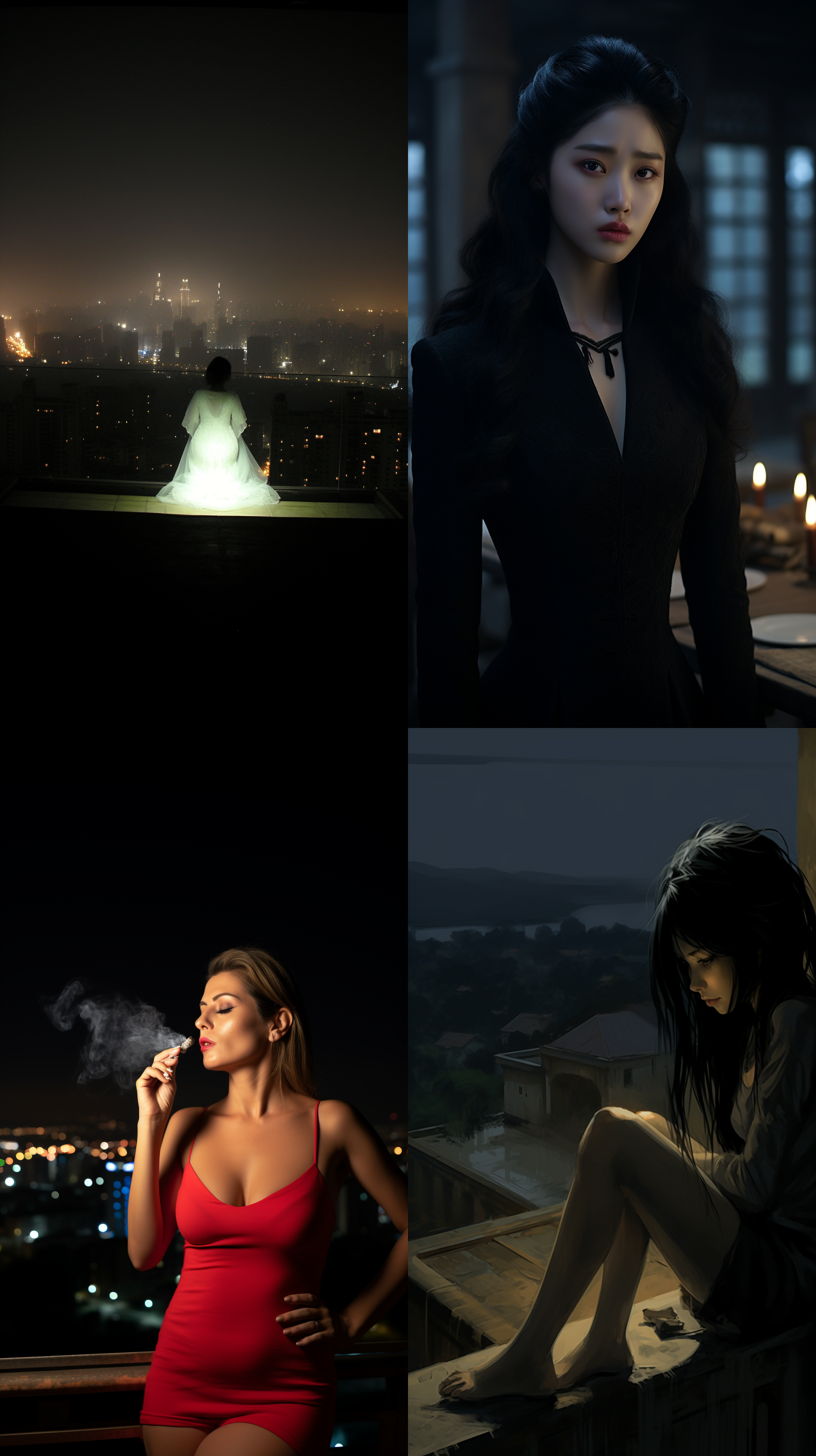 抽烟的中国少女，在城市屋顶，夜晚，背光，侧逆光，黑色外套，深沉眼神，红唇，孤独，思考，反光。