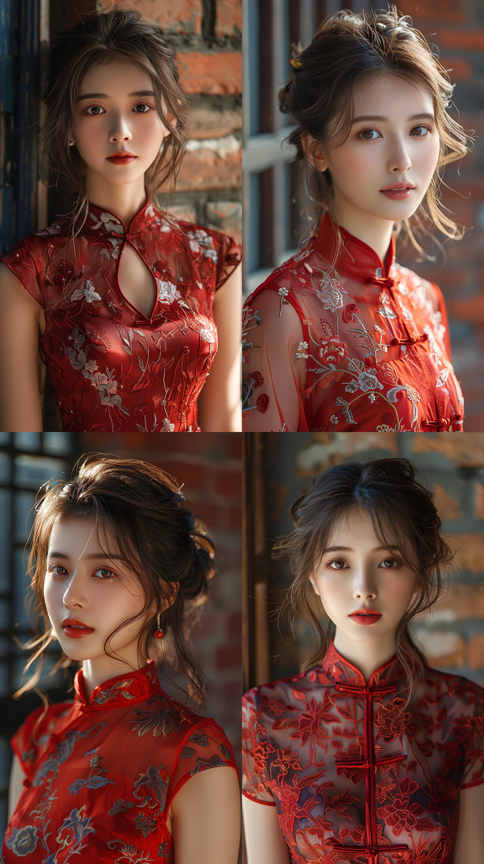 服装秀，中国女孩，20岁，端庄，高雅，红色提花旗袍，室外，红砖墙古建筑，柔和光线