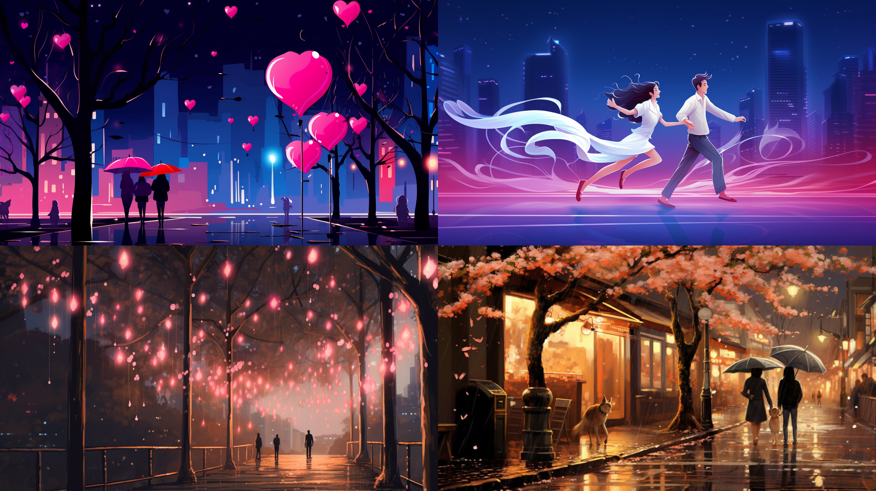 浪漫七夕，夜晚的城市街道上，一对情侣手牵手漫步。女生穿着一袭粉色长裙，笑容灿烂，男生身穿白色衬衫，眼神温柔。背景是明亮的霓虹灯，营造出浪漫氛围。夜空中星星点点，象征着爱情的美好。明亮、浪漫、幸福、夜晚、情侣、街道、霓虹灯、星空、七夕。