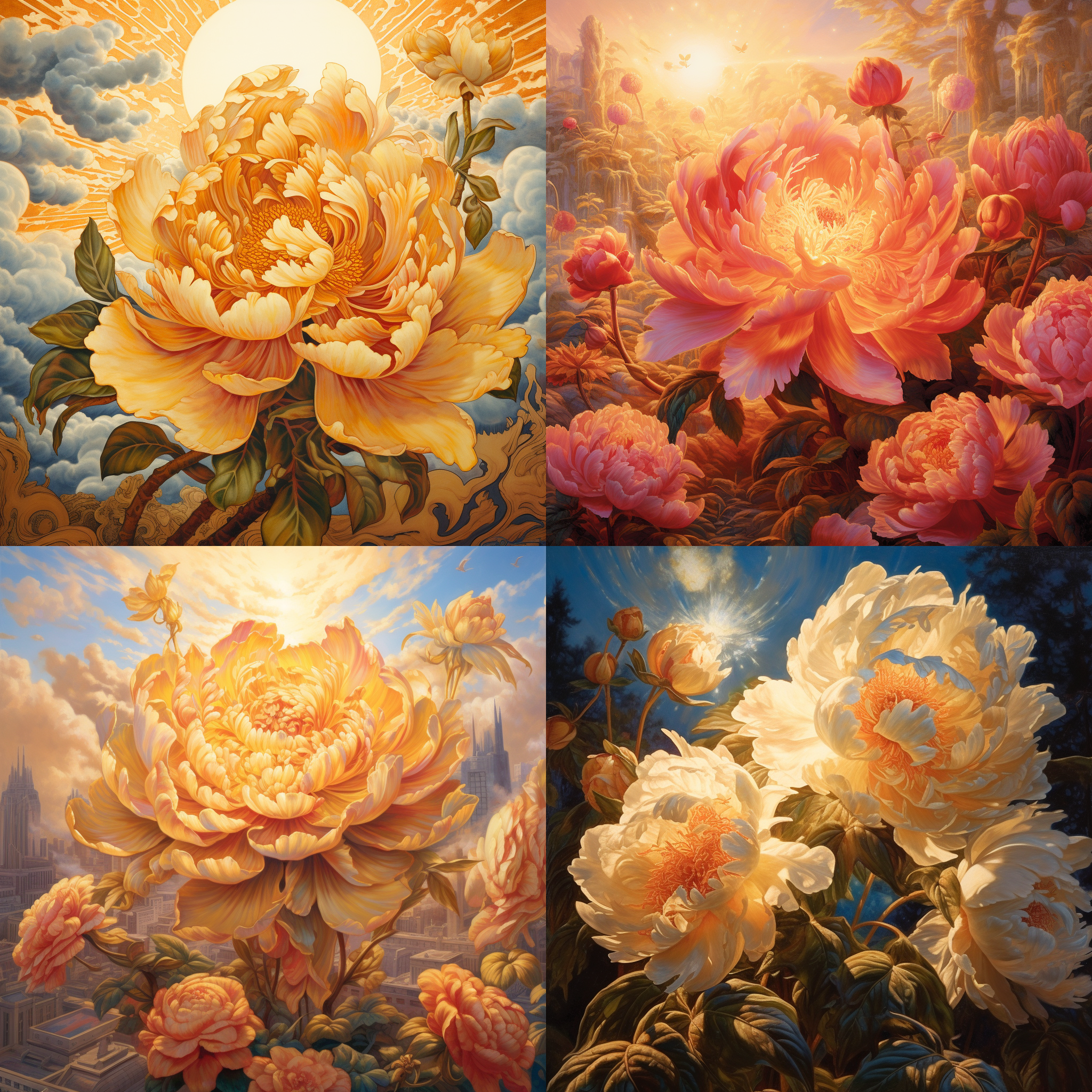 金色的太阳，光辉闪耀，大朵的牡丹花开，富贵耀眼