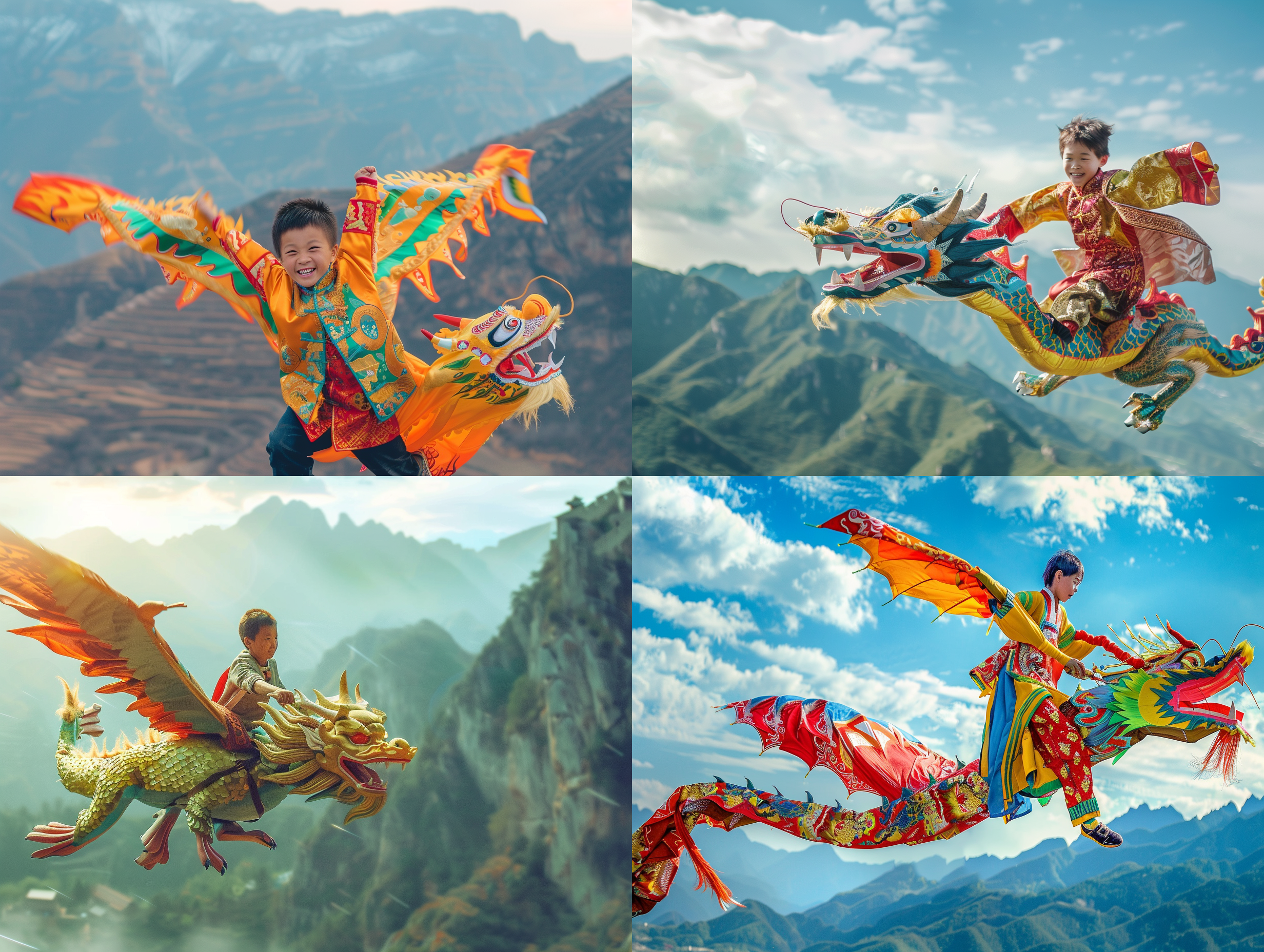 十二岁男孩骑中国龙，空中腾飞，壮丽山脉背景，颜色鲜艳，长焦镜头，逆光，飞扬动作，喜悦，勇敢，自由。