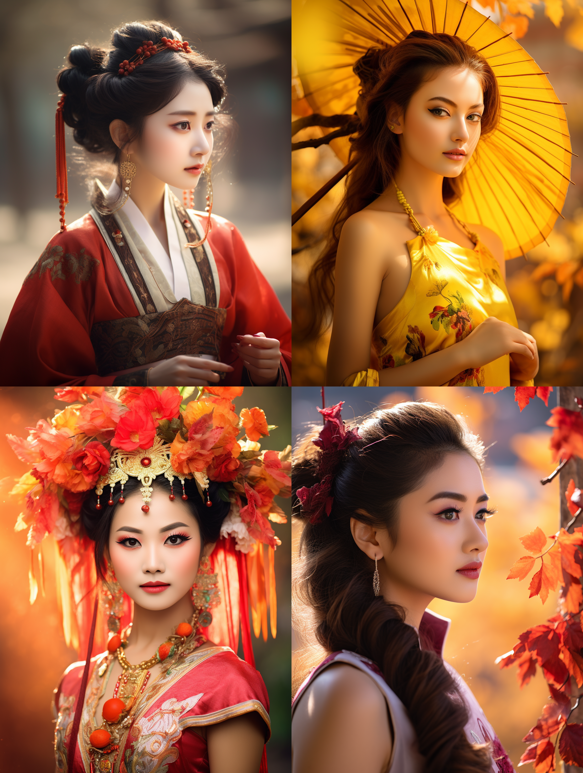 室外拍摄，明亮色调，中国模特穿着古典服装，侧面肖像，柔和光线，中焦镜头，端庄表情，优雅动作，传统元素，油画效果，温暖情感