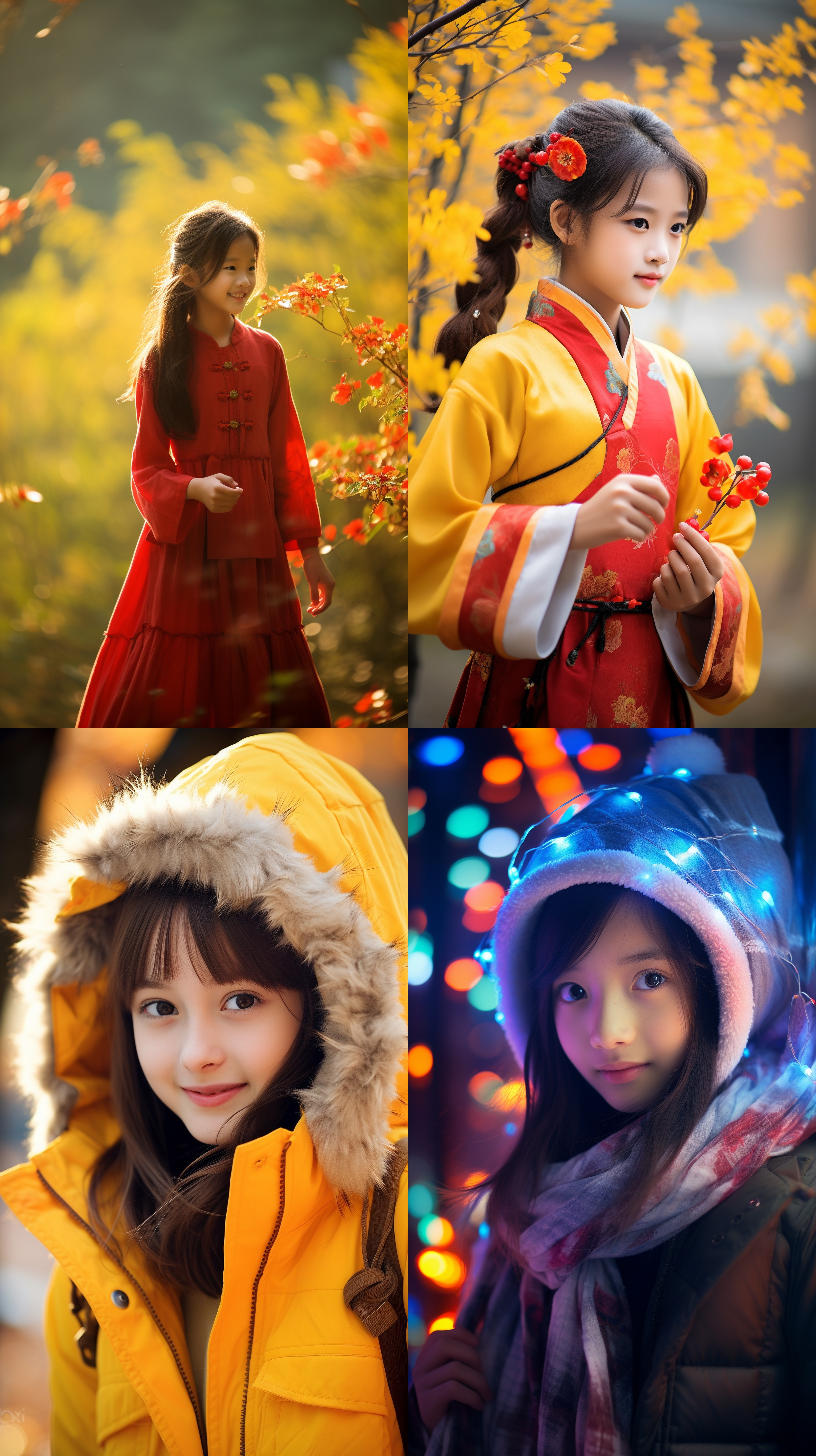 12岁中国女孩，明亮色调，肖像镜头，明亮光线，自然风景，微笑，清晰焦距，自然姿态，温暖色调，快门优先。