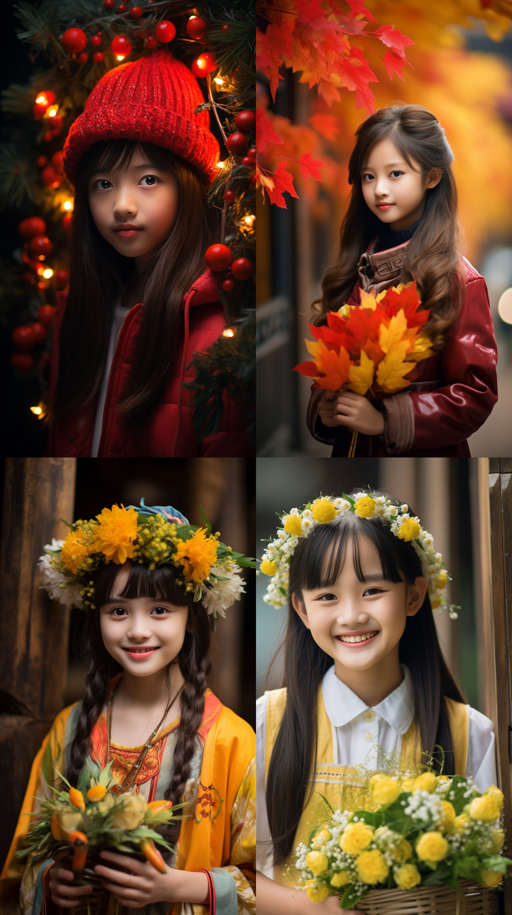 12岁中国女孩，明亮色调，肖像镜头，明亮光线，笑容，花环，户外，自然风光，暖色调，柔和光线，自然动作，温馨。