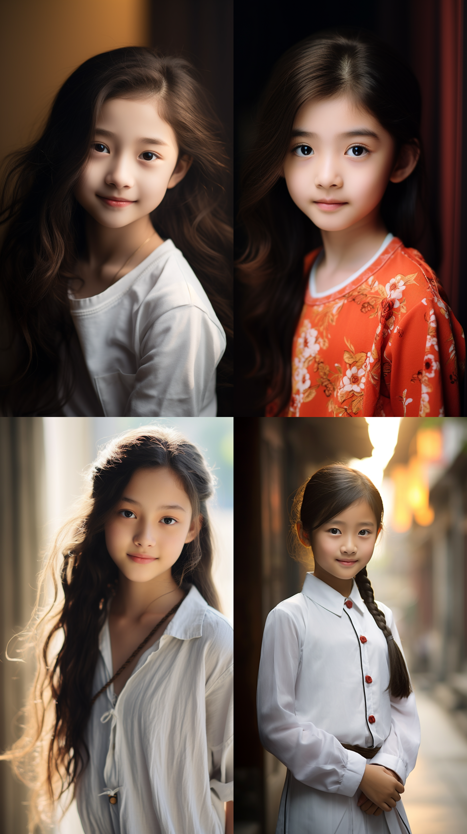 12岁中国女孩，明亮光线，肖像镜头,白色墙壁，自然风格，微笑，自信，活力，纯真
