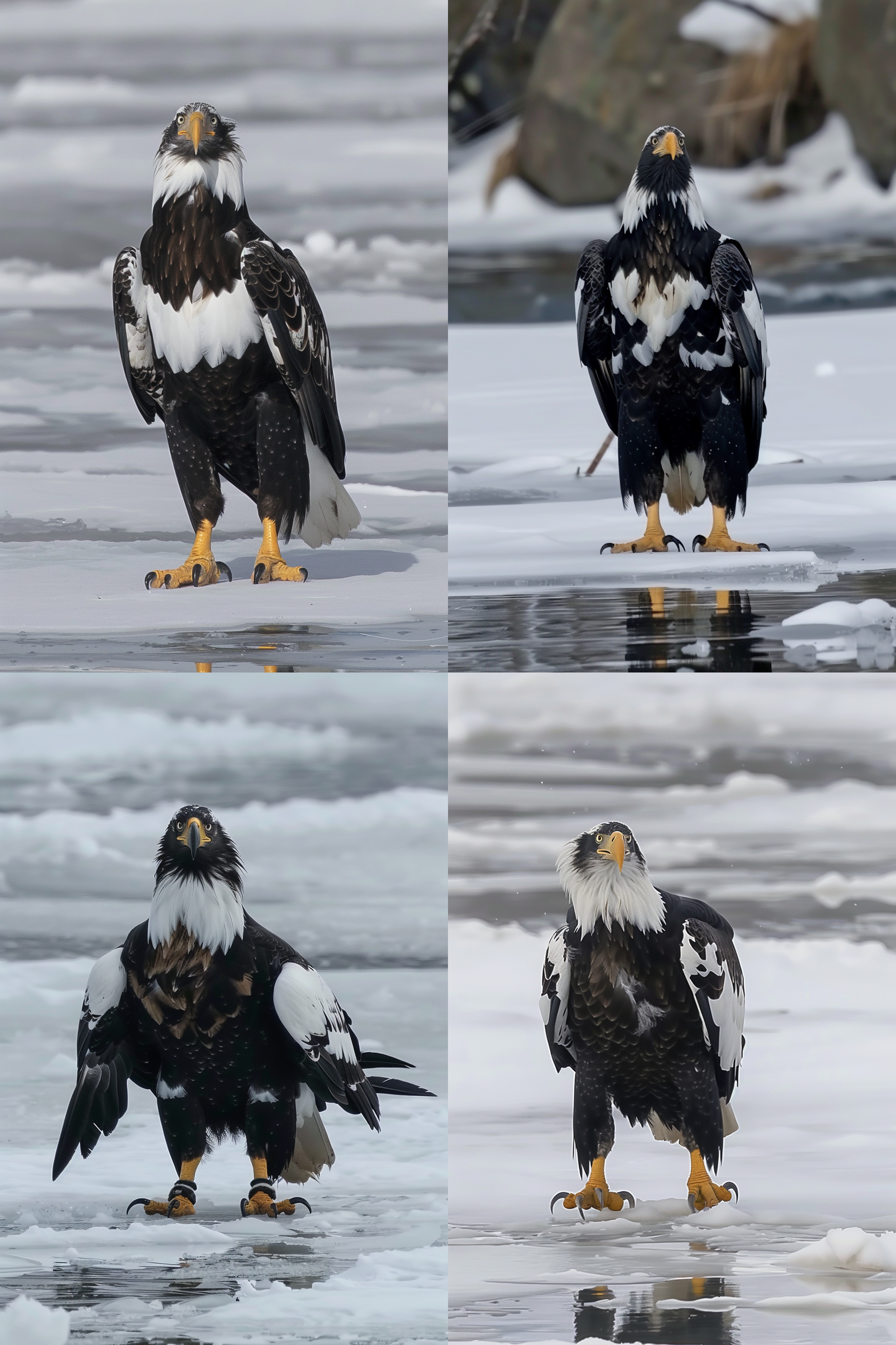 虎头海雕站在冰冻的河面上，凝视远方，羽毛细节清晰，冰面反射光影，蓝色调，长焦镜头，自然光，静态，威严。 森林 环境光