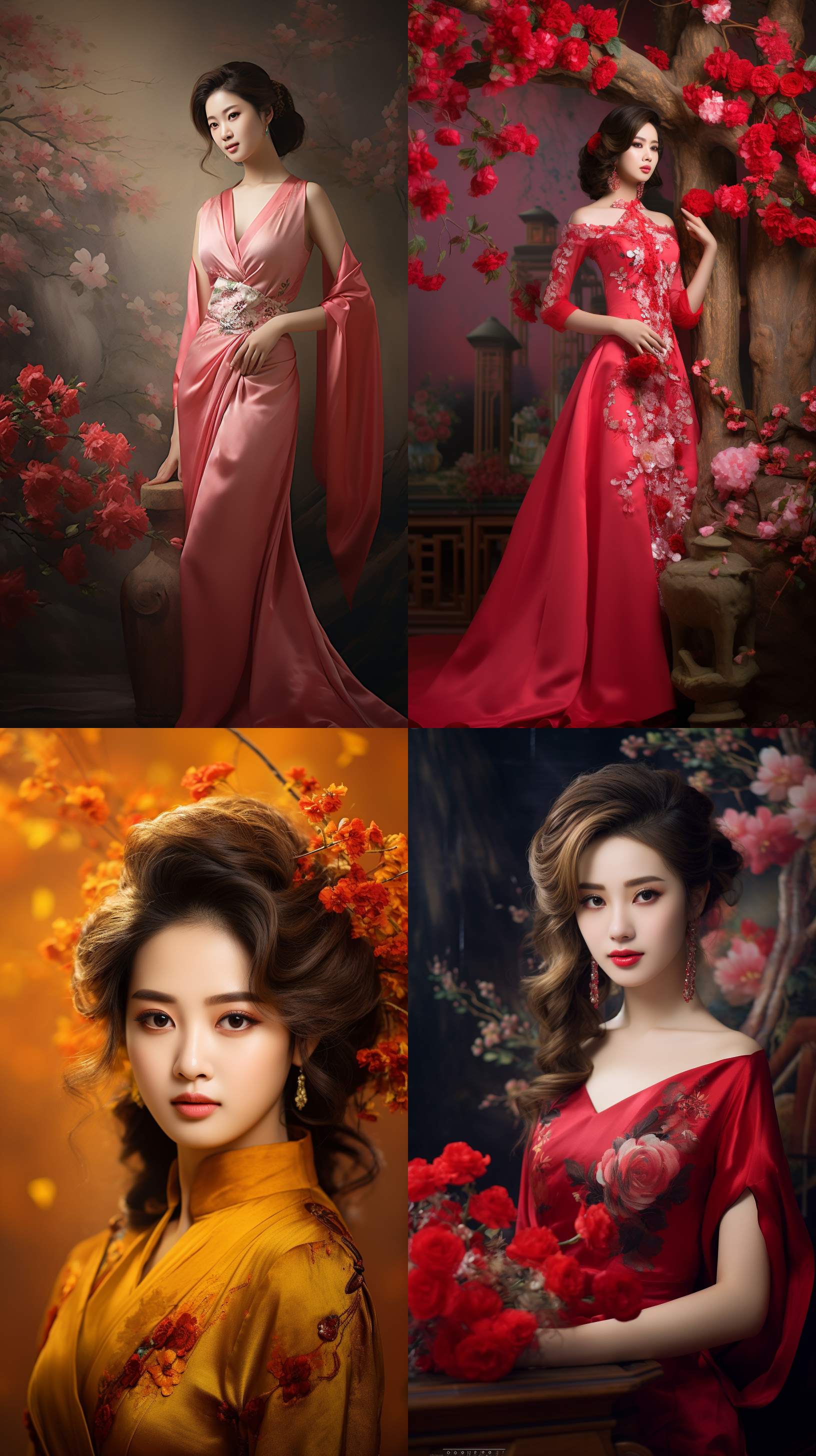 室外拍摄，明亮色调，中国模特穿着古典服装，侧面肖像，柔和光线，中焦镜头，端庄表情，优雅动作，传统元素，油画效果，温暖情感