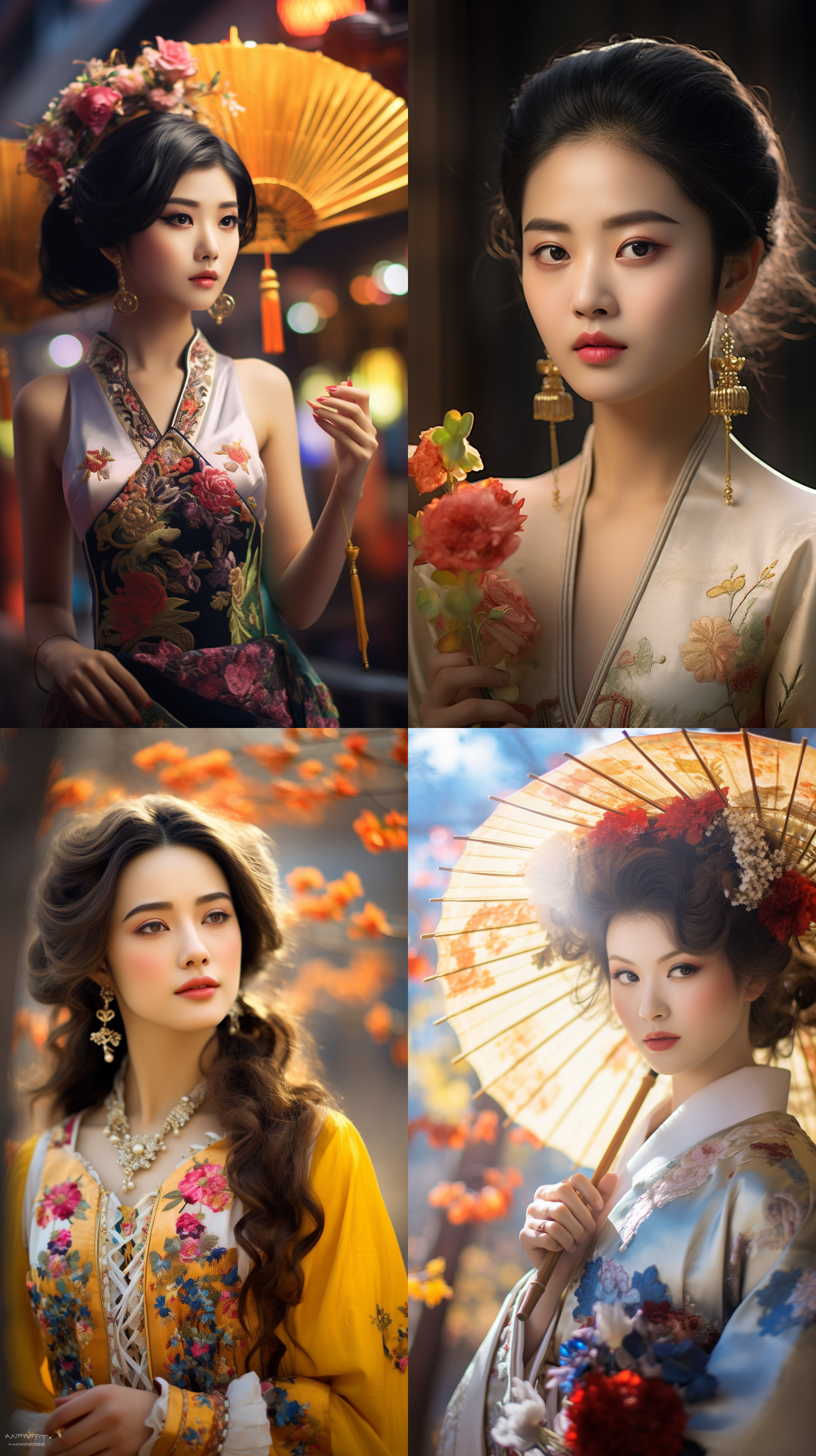 室外拍摄，明亮色调，中国模特穿着古典服装，侧面肖像，柔和光线，中焦镜头，端庄表情，优雅动作，传统元素，油画效果，温暖情感