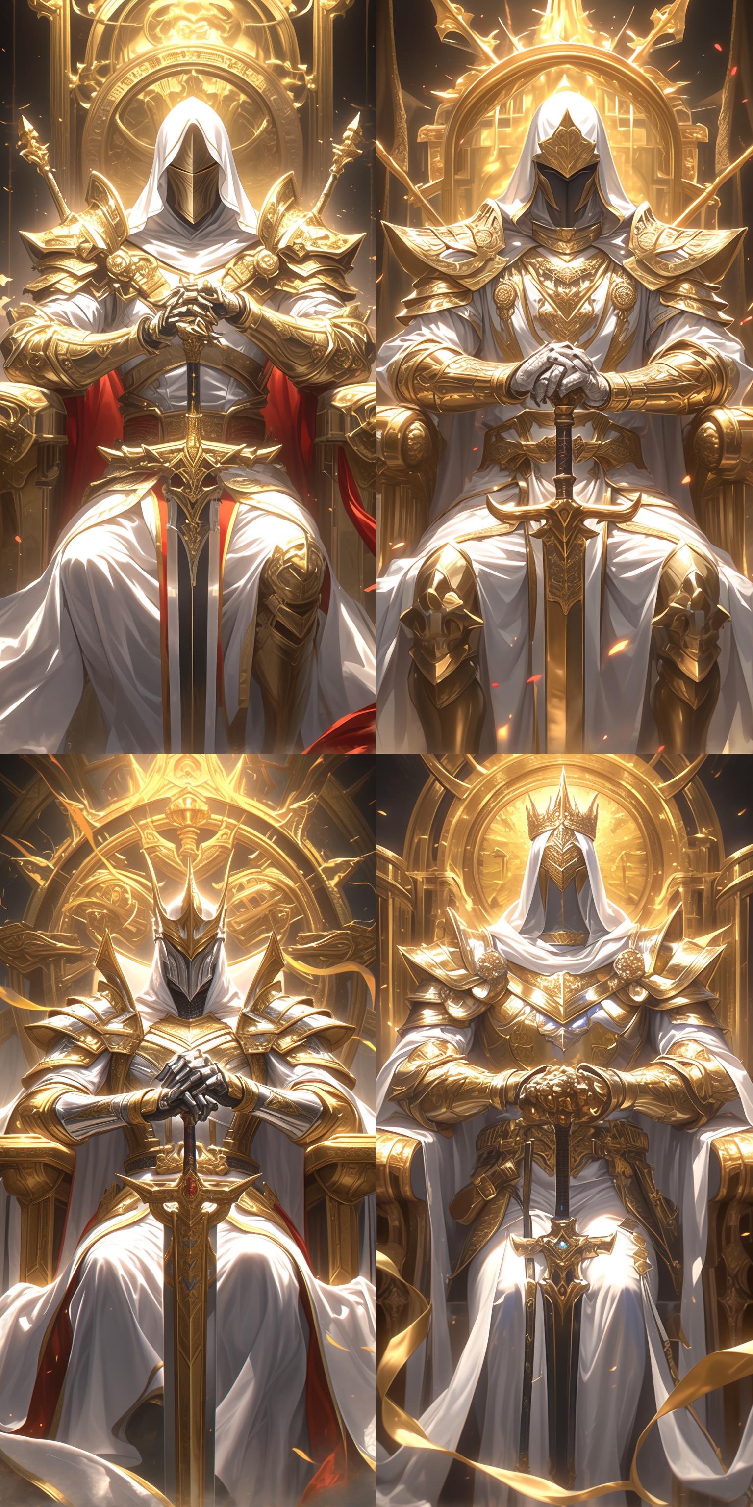 阿拉伯皇帝穿着金闪闪盔甲，站在王座下，双人扶剑，威严端庄。宝剑，财富，金闪闪，高饱和度，广角镜头，宏伟，豪华，金色调，自信，权力。