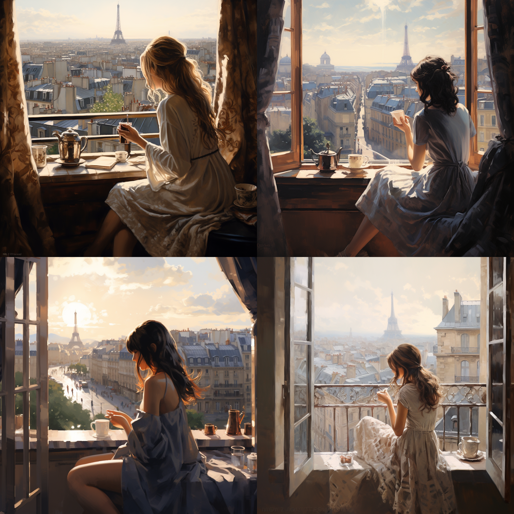 独自一人坐在大落地窗前喝着咖啡瞭望远方繁华大都市，女生