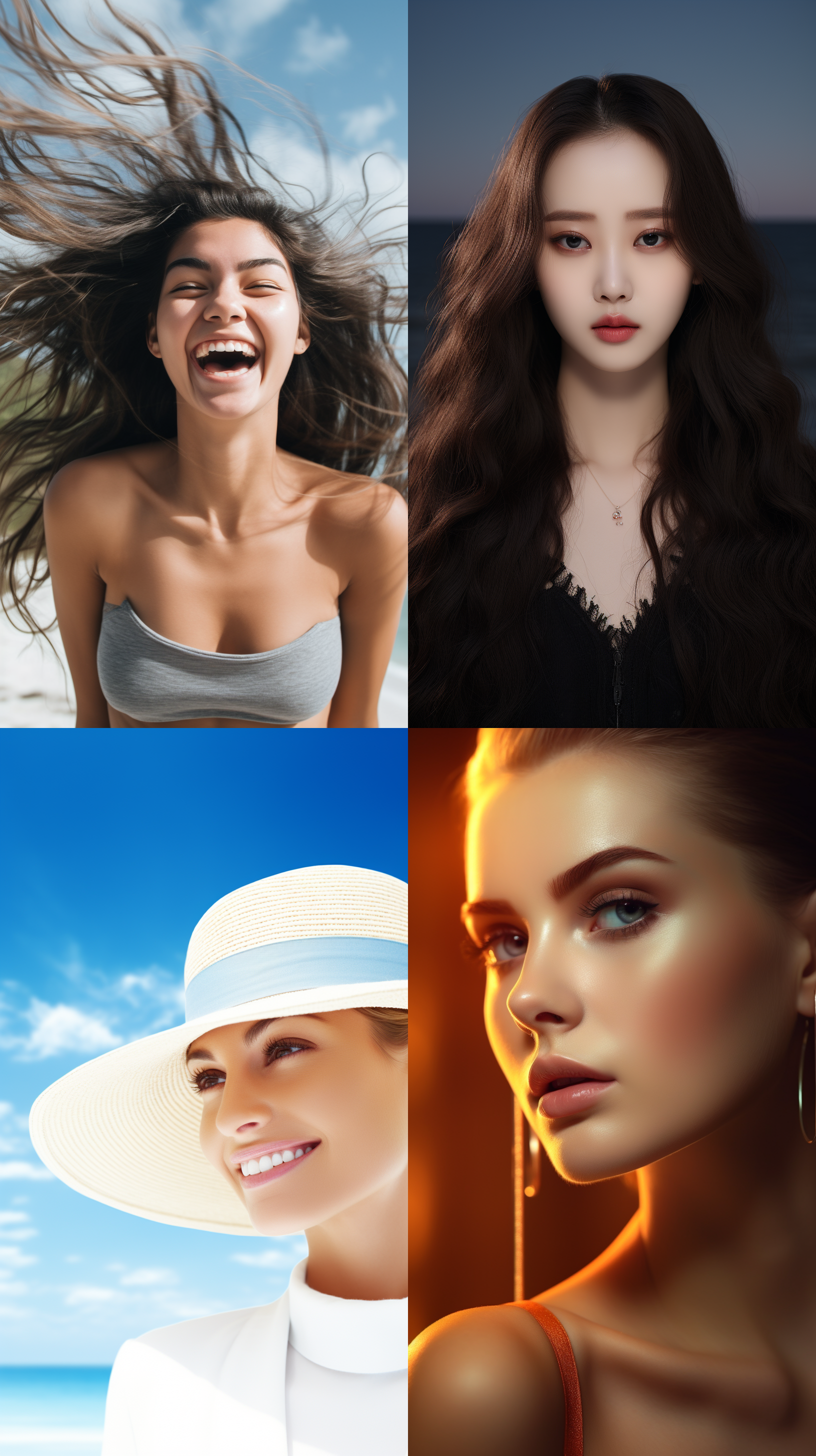 中国模特，夏日海滩摄影，沙滩上，活泼笑容，清晰明亮，户外环境