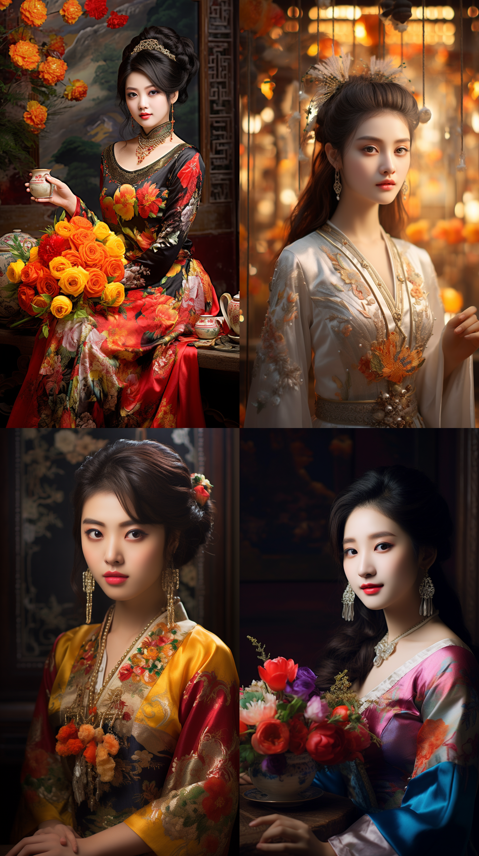 室内拍摄，明亮色调，中国模特穿着古典服装，侧面肖像，柔和光线，中焦镜头，端庄表情，优雅动作，传统元素，油画效果，温暖情感