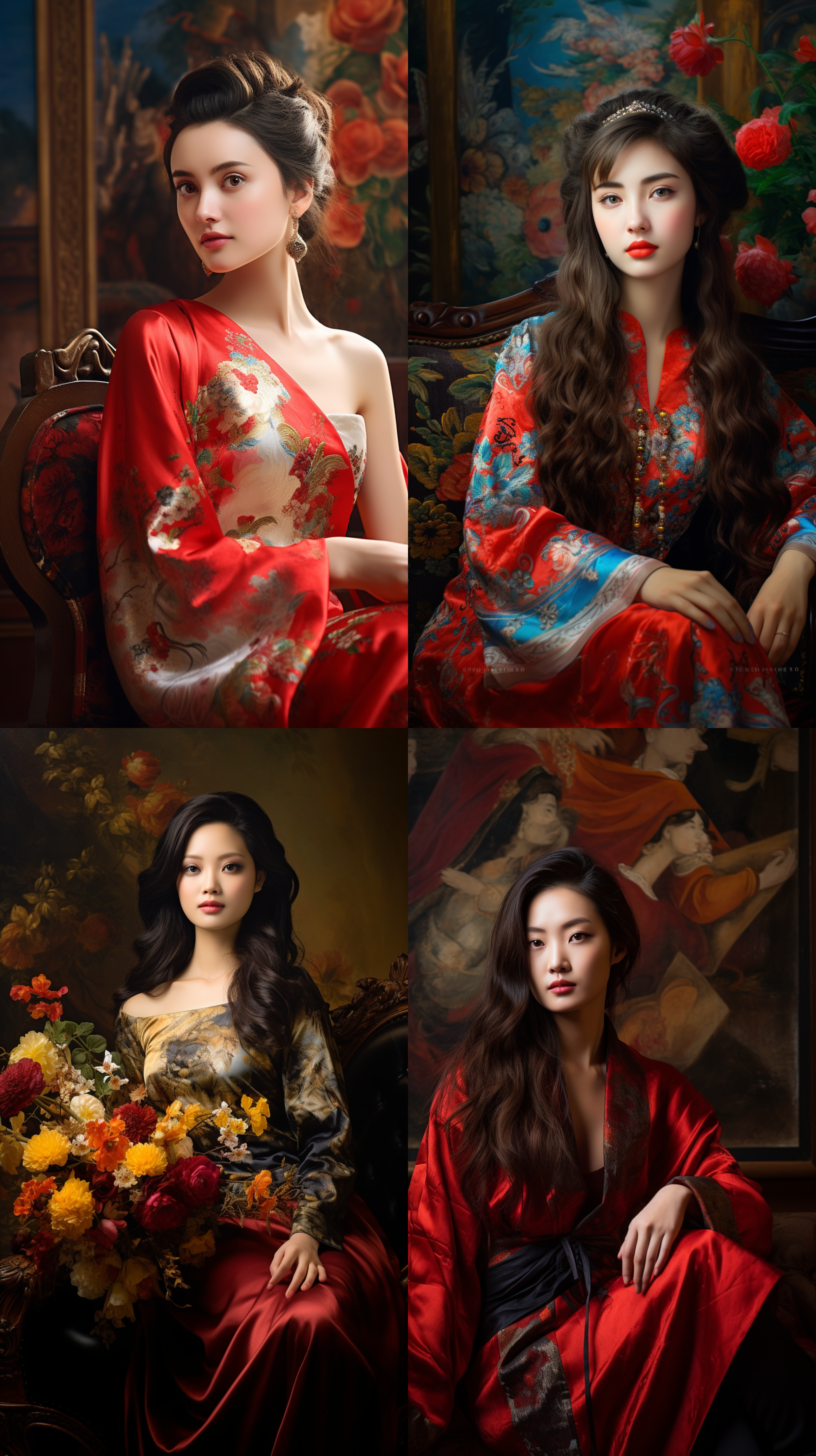 室内拍摄，明亮色调，中国模特穿着古典服装，侧面肖像，柔和光线，中焦镜头，端庄表情，优雅动作，传统元素，油画效果，温暖情感