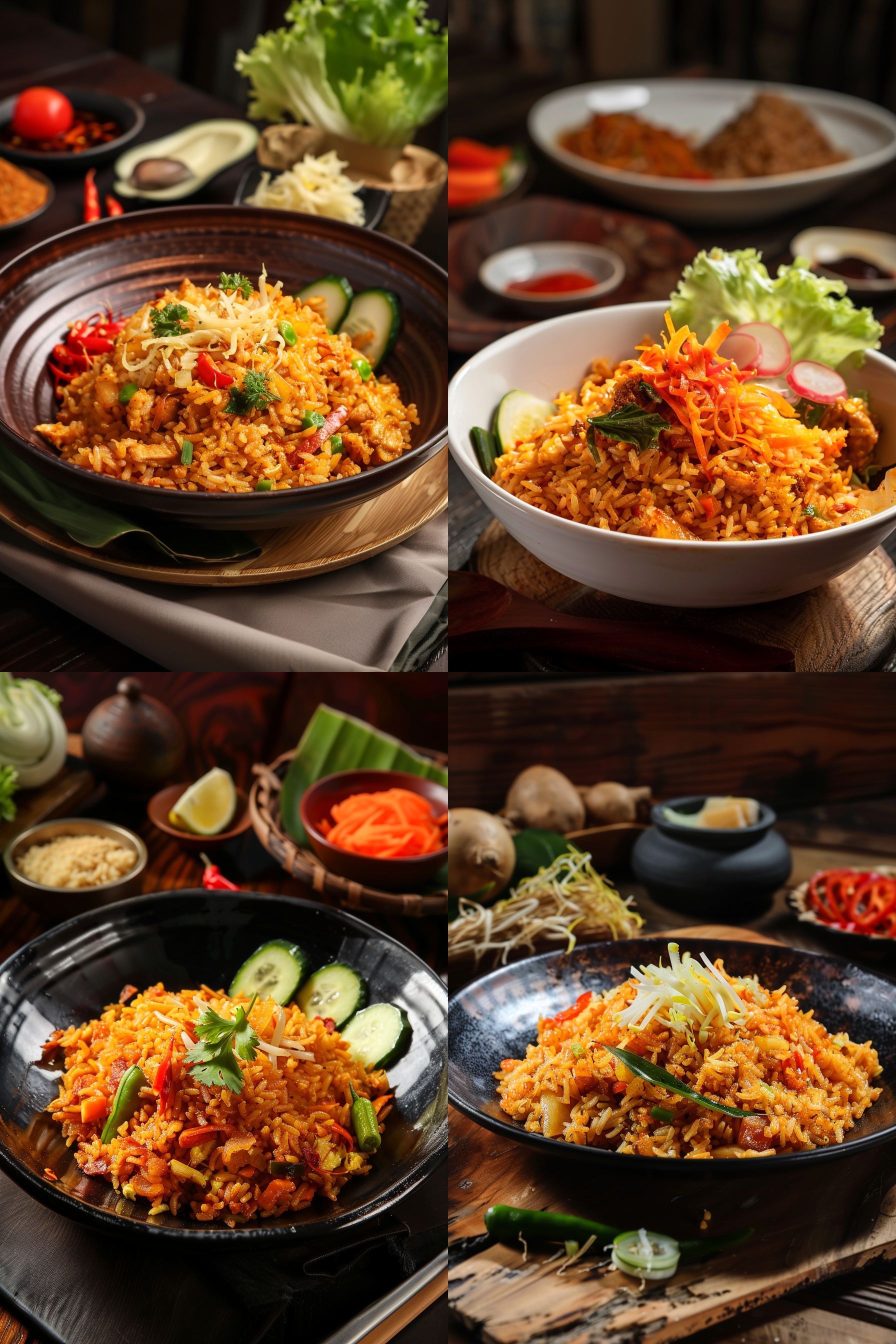 印尼炒饭，美食摄影，微距特写，真实光影，模糊背景，舒适，温暖，