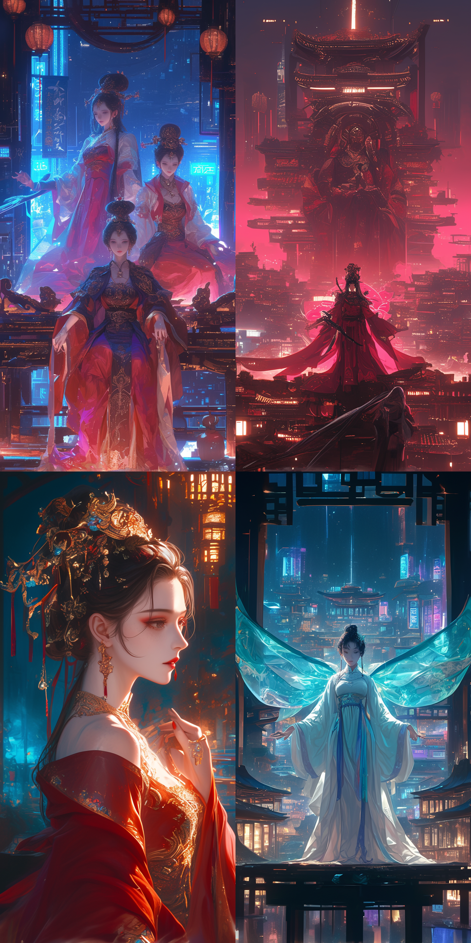 赛博朋克风格，盛唐古装美女，城市全景，霓虹灯映衬，华丽服饰，柔和色调，长焦镜头，侧光，优雅动作，古典元素，宁静神态。中心构图，梦幻引擎，色彩鲜艳，明亮的光线，正面视角，特写镜头，超精细，超高分辨率，超清晰度，超高品质，超高质量，超高清，32k