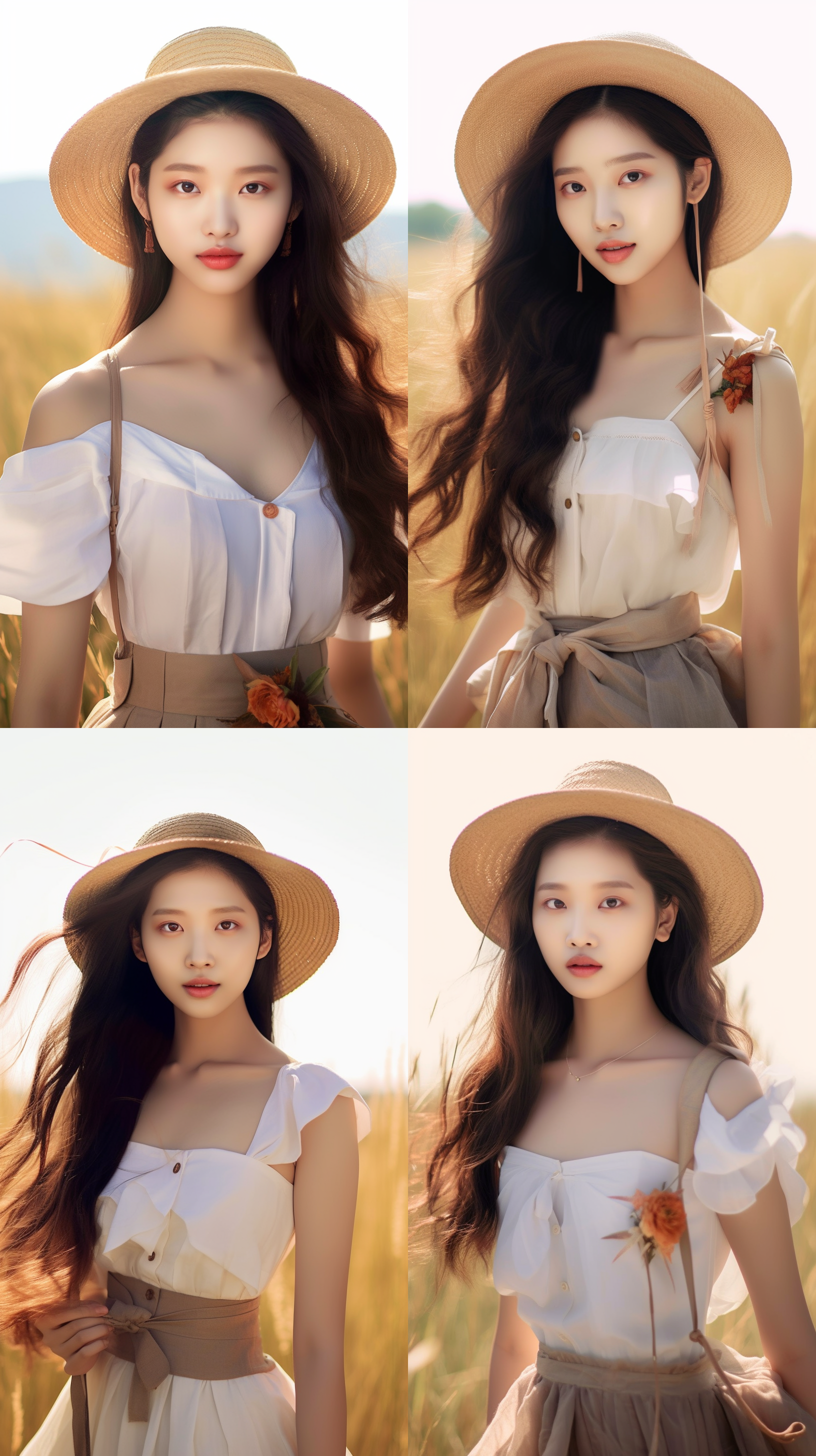 美女在大草原，穿着白色纱裙，戴着花篮帽，自然光线，柔和色调，环境肖像，中景构图，微笑，自然动作，风吹动长发，温暖情感。手里拿着一颗红色的大水蜜桃，水蜜桃红润水灵灵， 环境肖像，自然光线，柔和色调，微笑，风吹动长发，温暖情感，水蜜桃。