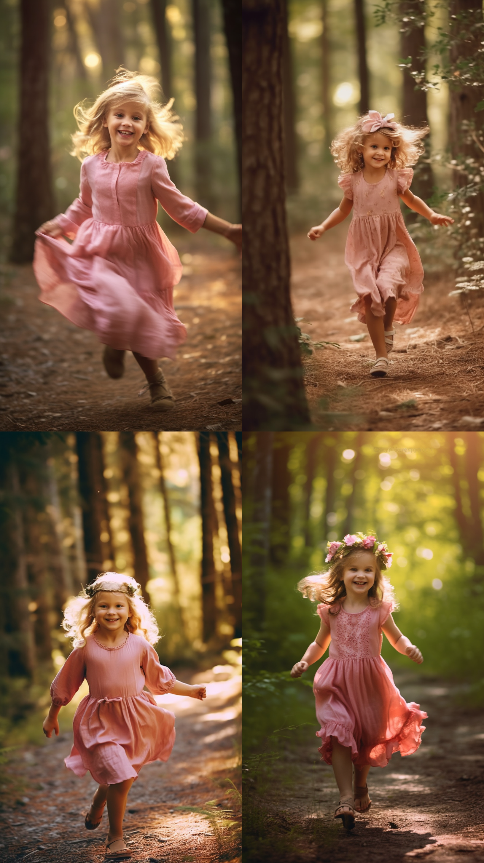 小女孩在森林中探险，穿着粉色连衣裙，发带在风中飘动，笑容灿烂。自然光线，柔和环境，中景构图，暖色调，清晰焦距，自然动作，快门速度适中，童趣，快乐。