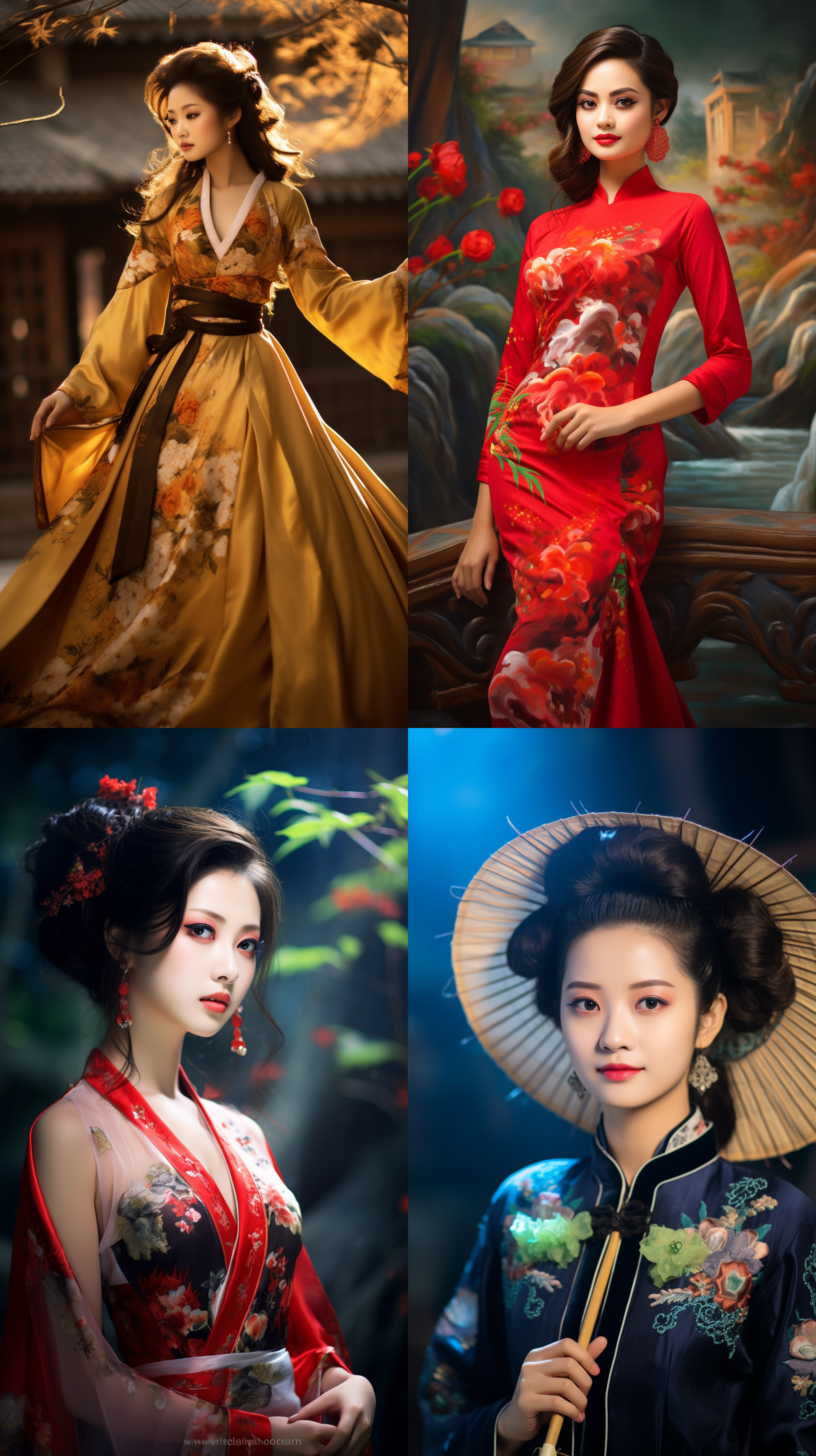 室外拍摄，明亮色调，中国模特穿着古典服装，侧面肖像，柔和光线，中焦镜头，端庄表情，优雅动作，传统元素，油画效果，温暖情感