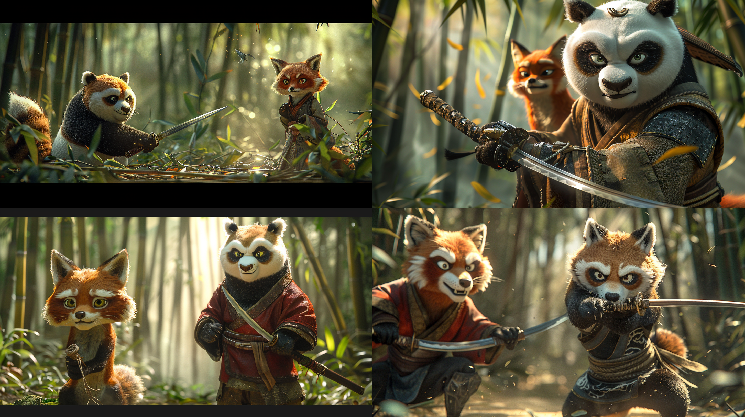 within the bamboo forest, a kung fu panda stands, gripping a sword, appearing behind a fox about to chop bamboo. the panda exudes a sense of martial arts prowess, ready for action. the panda’s fur is fluffy, contrasting with the sleekness of the sword, under the dappled sunlight filtering through the thick canopy of bamboo leaves, creating shadows and light play. the fox’s expression is focused and determined, showcasing its intent to cut down the bamboo.