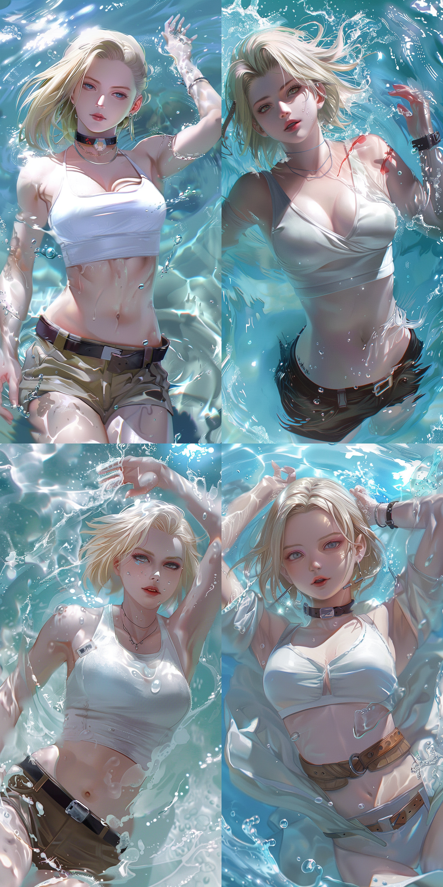 android 18,dragon ball,white skin.mai,king of fighters,white skin.both are swimming in milk.