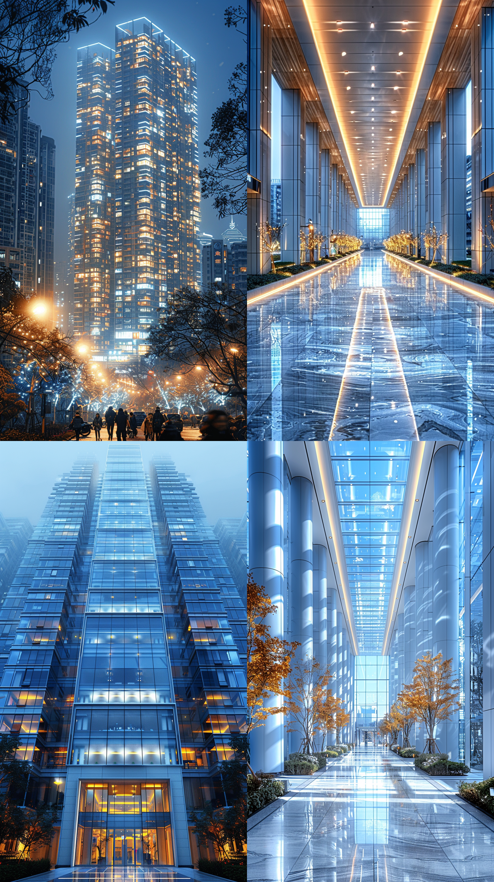 大楼，现代风格，白色背景，高层建筑，对称构图，室内外景，广角镜头，明亮光线，人行道，垂直线条，简洁设计，现代感，霓虹灯，城市生活。