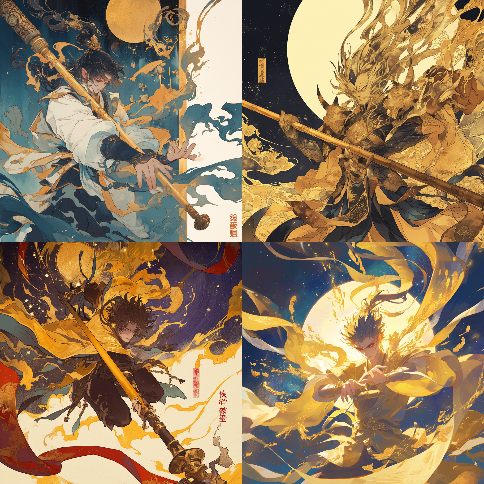 大圣挥金箍棒，漫天星辰，中国风，混沌黑暗，神猴，日月，清明，唤醒，挑战，高对比度，突出表现。