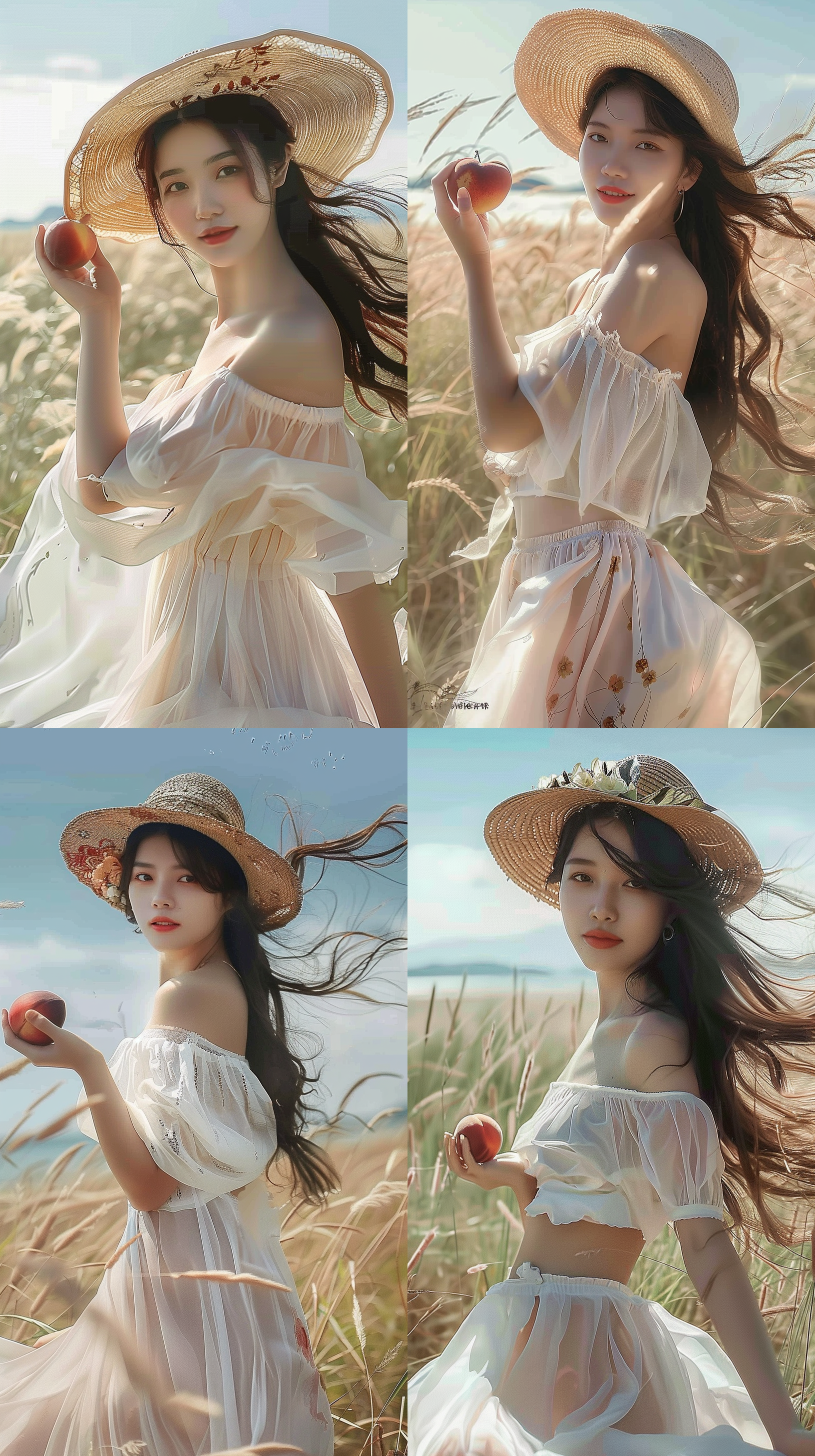 美女在大草原，穿着白色纱裙，戴着花篮帽，自然光线，柔和色调，环境肖像，中景构图，微笑，自然动作，风吹动长发，温暖情感。手里拿着一颗红色的大水蜜桃，水蜜桃红润水灵灵。 户外拍摄，环境自然，长焦镜头，明亮色彩，欢快情绪，优雅风格。