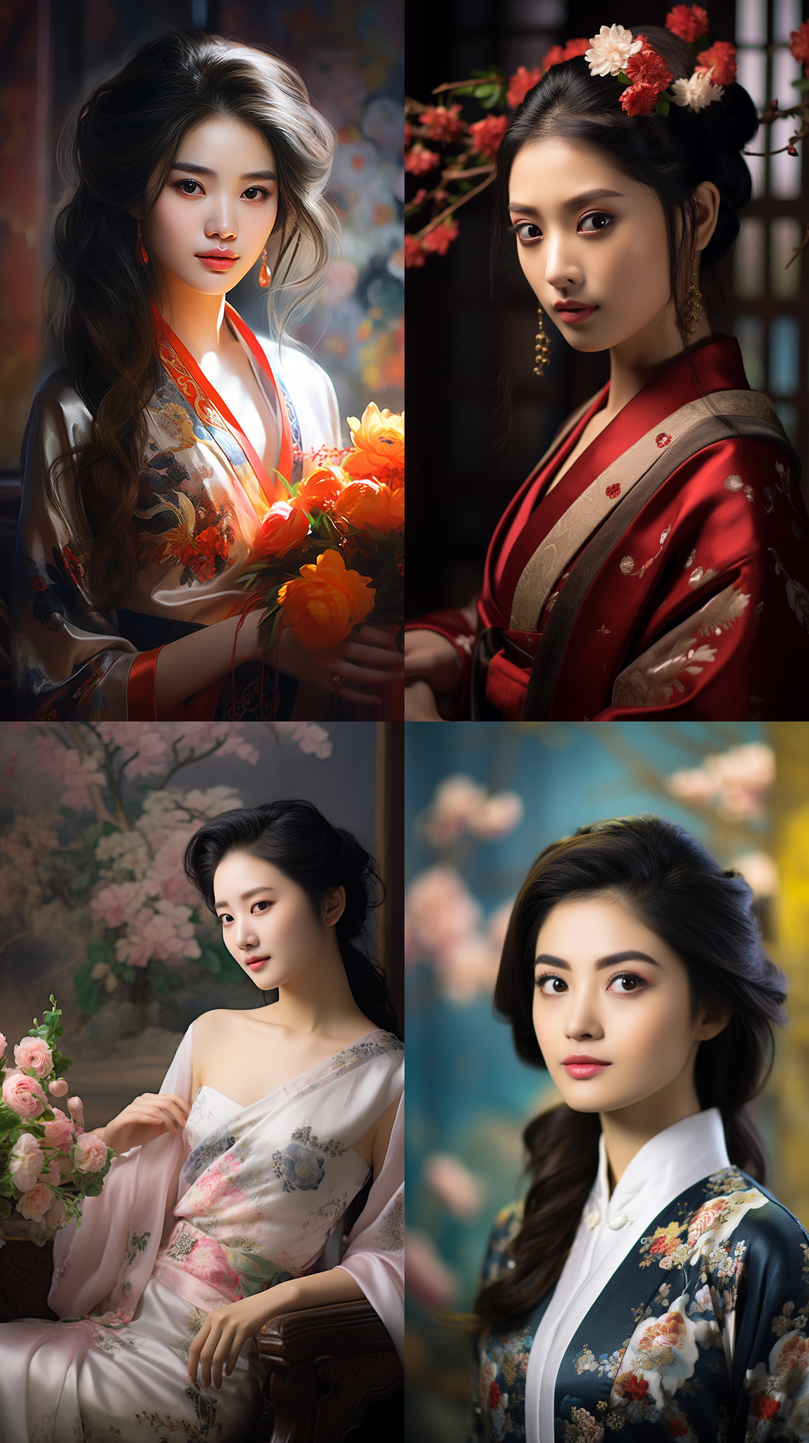 室内拍摄，明亮色调，中国模特穿着古典服装，侧面肖像，柔和光线，中焦镜头，端庄表情，优雅动作，传统元素，油画效果，温暖情感