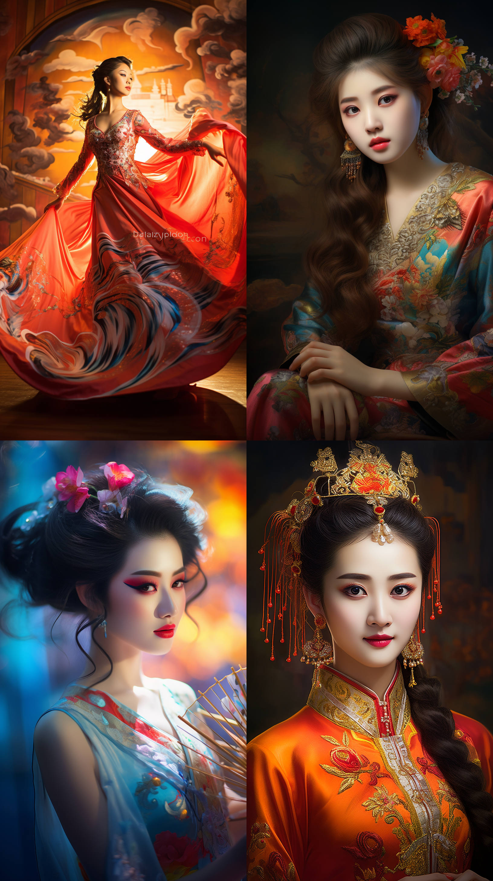 室内拍摄，明亮色调，中国模特穿着古典服装，侧面肖像，柔和光线，中焦镜头，端庄表情，优雅动作，传统元素，油画效果，温暖情感