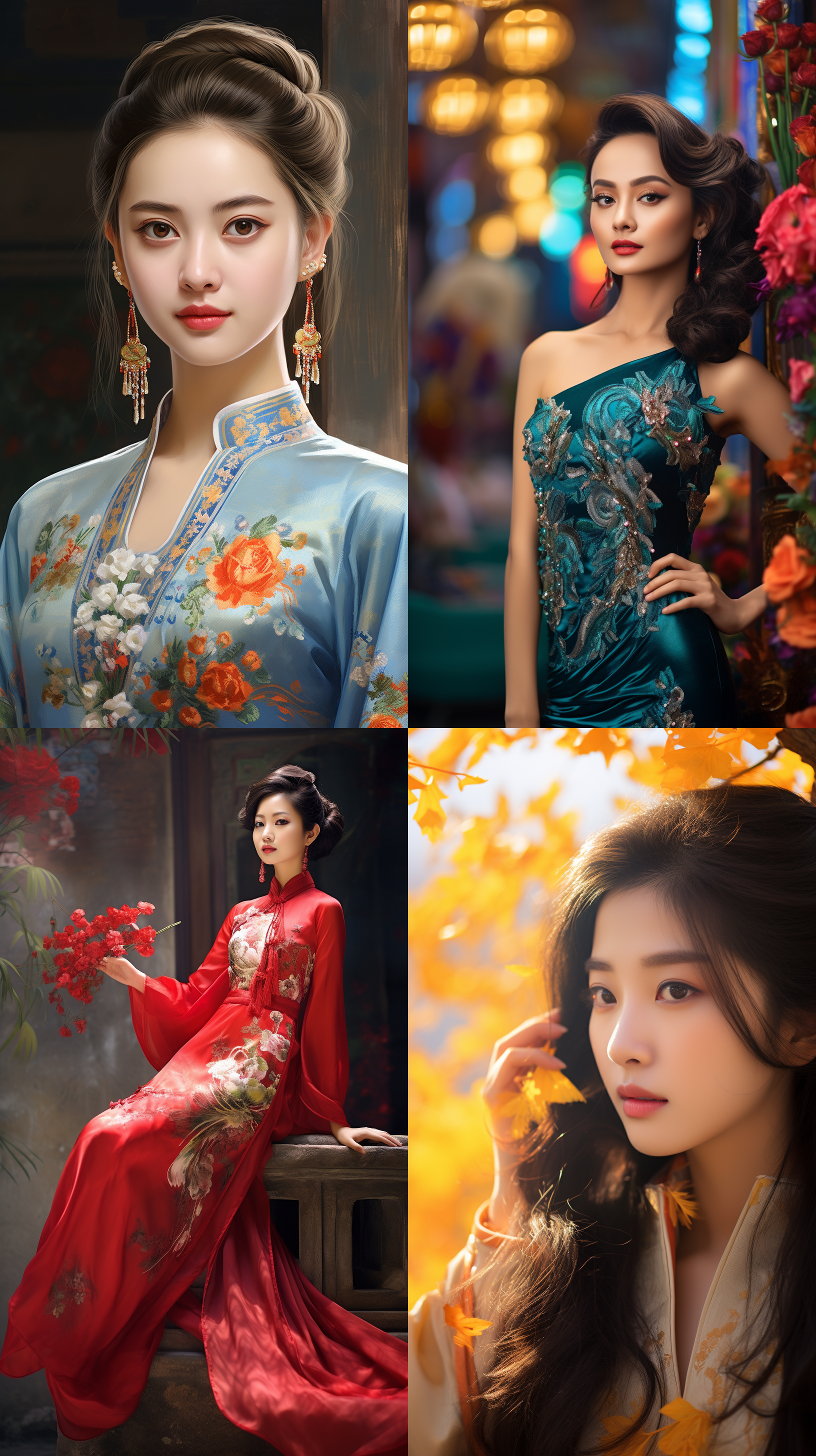 室外拍摄，明亮色调，中国模特穿着古典服装，侧面肖像，柔和光线，中焦镜头，端庄表情，优雅动作，传统元素，油画效果，温暖情感