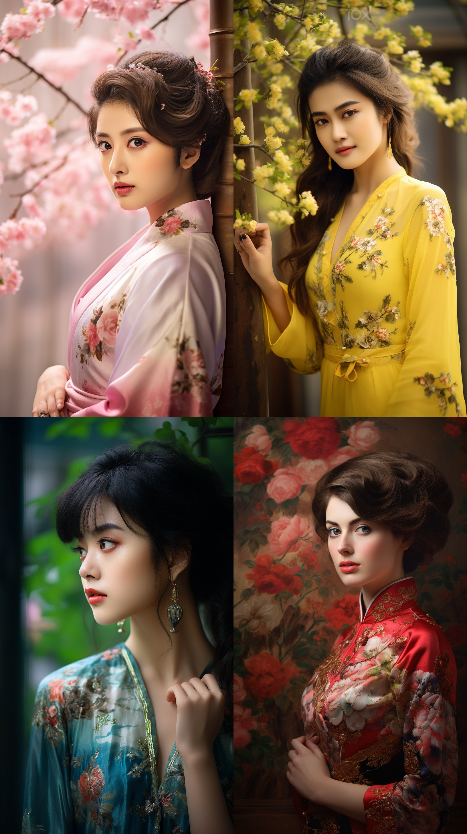 室外拍摄，明亮色调，中国模特穿着古典服装，侧面肖像，柔和光线，中焦镜头，端庄表情，优雅动作，传统元素，油画效果，温暖情感
