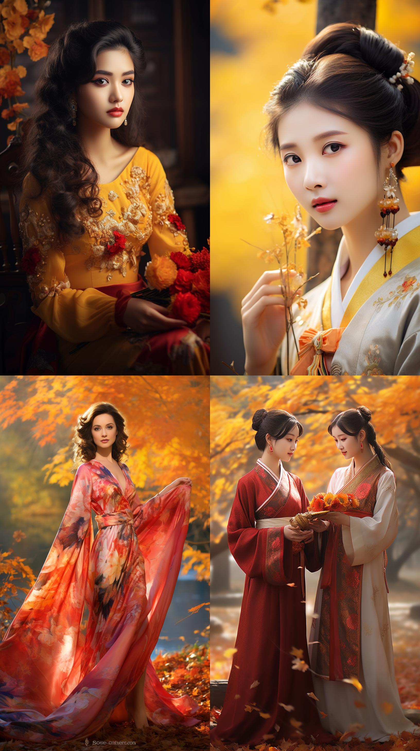室外拍摄，明亮色调，中国模特穿着古典服装，侧面肖像，柔和光线，中焦镜头，端庄表情，优雅动作，传统元素，油画效果，温暖情感