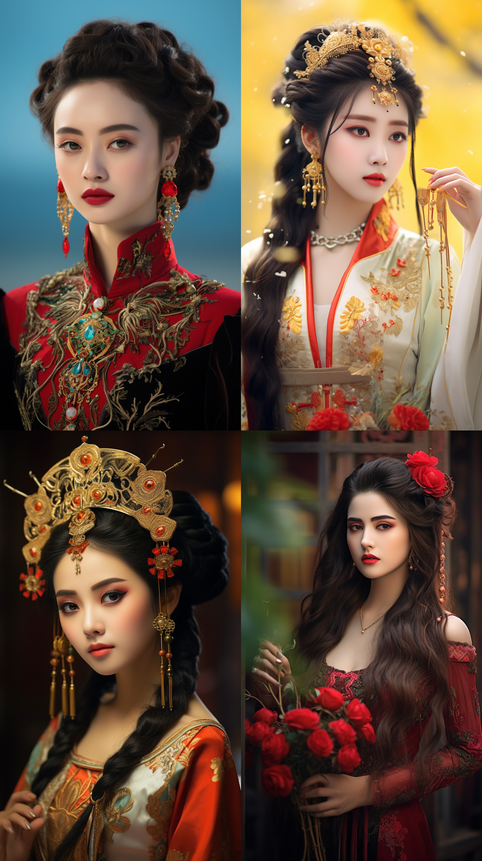 室外拍摄，明亮色调，中国模特穿着古典服装，侧面肖像，柔和光线，中焦镜头，端庄表情，优雅动作，传统元素，油画效果，温暖情感