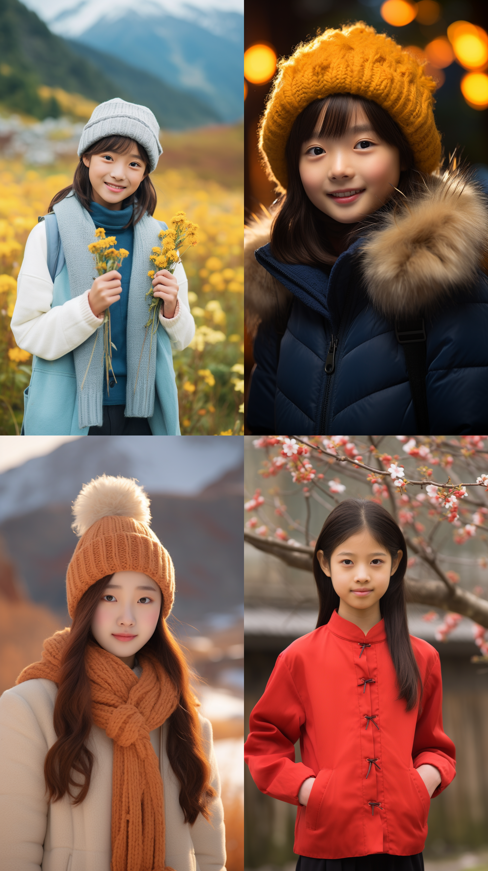 12岁中国女孩，肖像镜头，明亮光线，自然风光，明亮色调，微笑，清晰焦点，肖像照片，暖色调，纯真表情。
