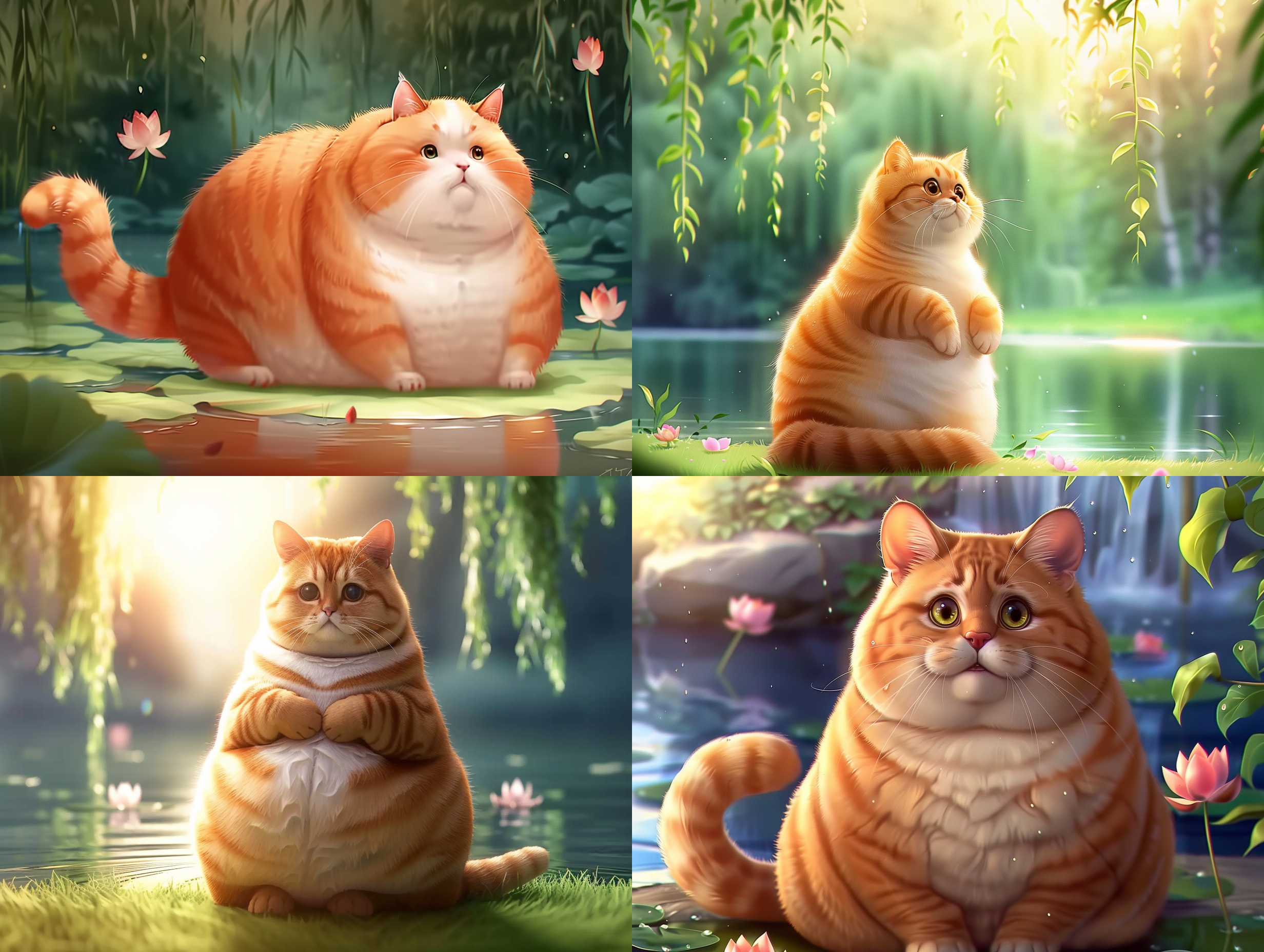 机灵的橘猫在日出时分练习太极，流畅和谐的动作展示了猫的内心平静和平衡，设置在郁郁葱葱的绿色草地上，有盛开的荷花、垂柳和水面上的柔和涟漪。构图突显了猫的流畅和优雅，宁静而冥想的氛围中注入了大自然的能量，以宁静而真实的摄影风格捕捉，使用佳能eos r5相机、85mm镜头，柔和自然的光线凸显了猫的冷静气质。流畅、和谐、太极、绿色、荷花、垂柳、涟漪、优雅、宁静、冥想、自然、摄影风格、光线。