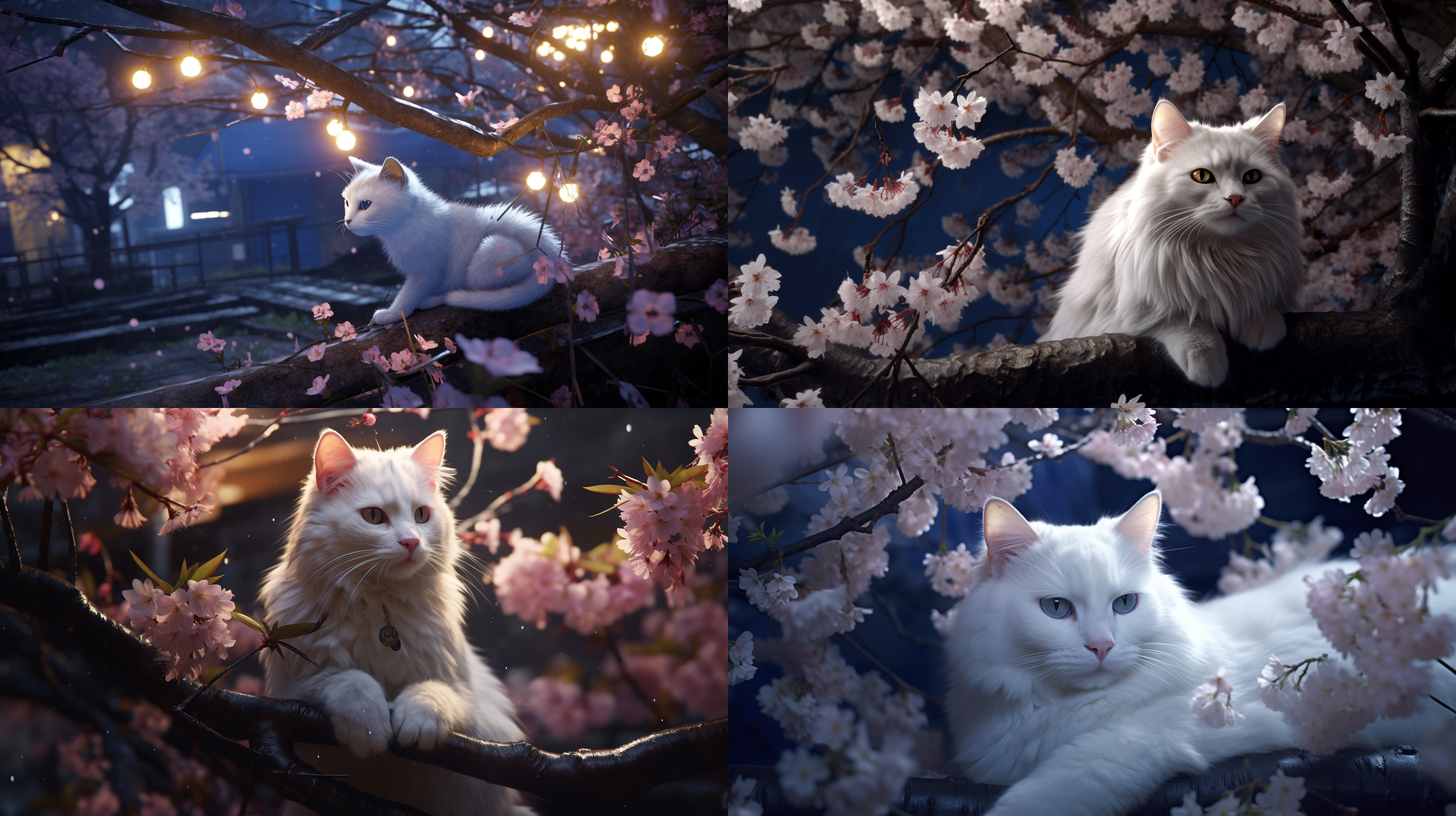 夜晚樱花雨,白猫置身其中,毛发根根清晰,超高清晰度,发光,三维古风,炫彩光影,肌理磨砂,特写,大光圈,极致细节,内发光,超详细,电影光,虚拟与现实领域。