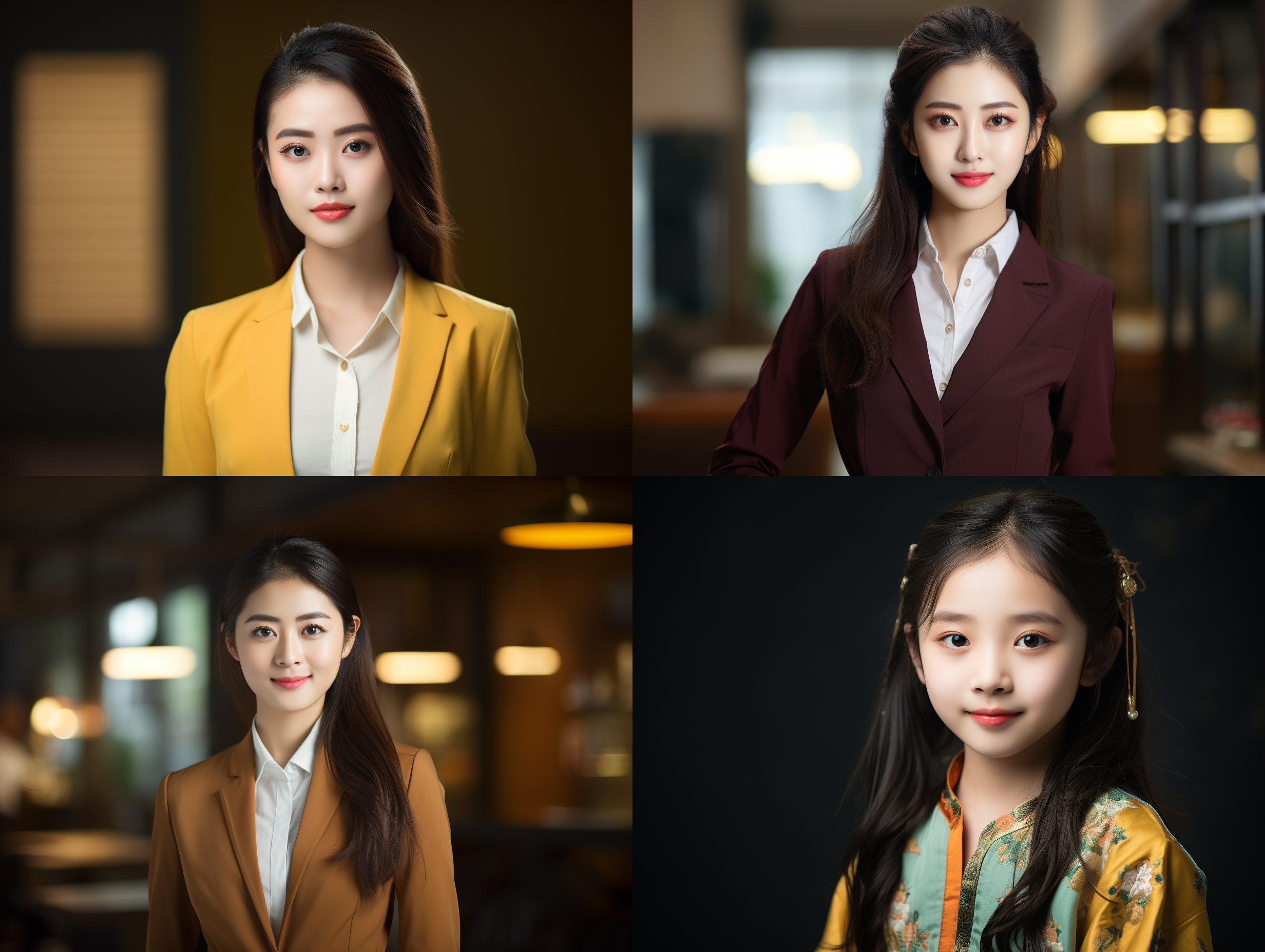 年轻中国女孩，正面，职业装，干净背景，肖像风格，柔和光线，中焦镜头，自然表情，自信微笑，温暖色调，细节丰富，室内拍摄，友好亲切。