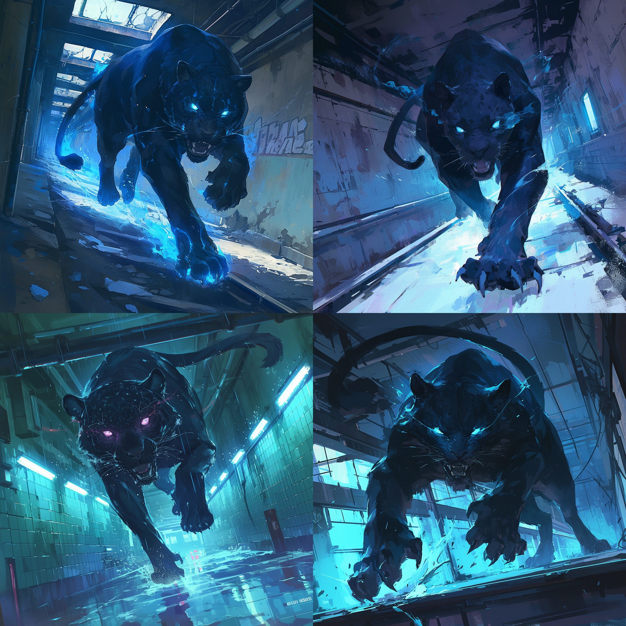 black jaguar, mystical blue glow, frost trail paws, illusory eyes, running in the subway passage, with fierce eyes, claws on the ground, making a deafening roar, menacing, inside the abandoned subway passage, the lights are dim, the walls are damaged, wide_shot,dutch_angle,available light, ,anime style
