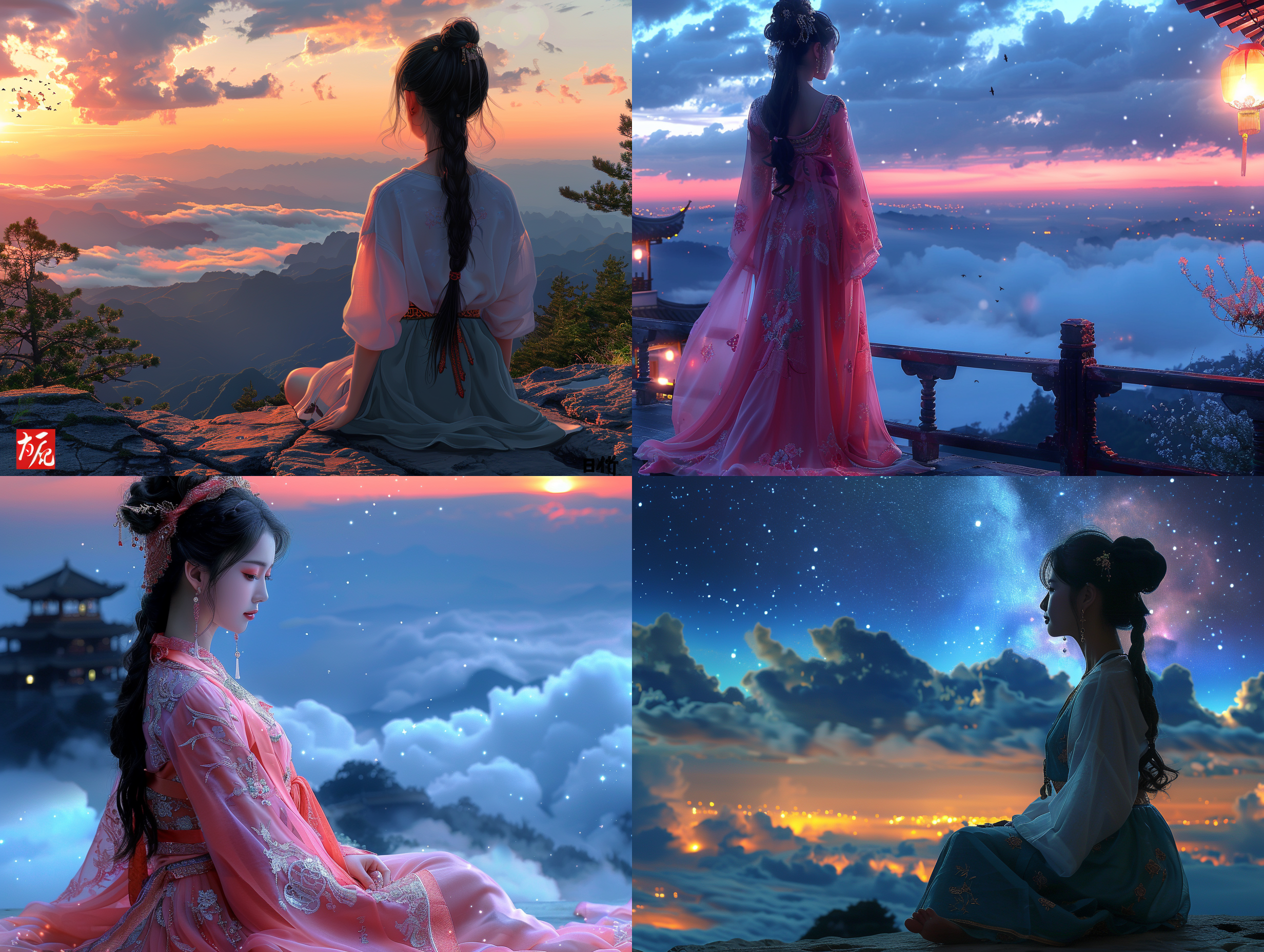 1girl，一个中国可爱的女孩，长发发髻，18岁，耳环，珠宝，云端起舞，脚踩白云，透明纱裙，粉紫渐变，飘逸丝绸，黄色光芒，星空中盘坐，轮廓光，流动光，梦幻色彩，浪漫，微风，夜晚，山川河流，峡谷，瀑布，花草树木，飞鸟，大地，蓝天白云。