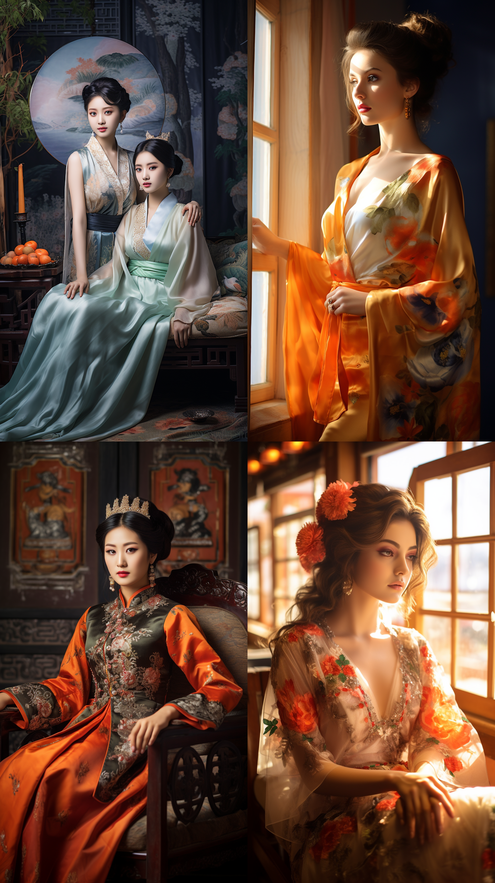 室内拍摄，明亮色调，中国模特穿着古典服装，侧面肖像，柔和光线，中焦镜头，端庄表情，优雅动作，传统元素，油画效果，温暖情感